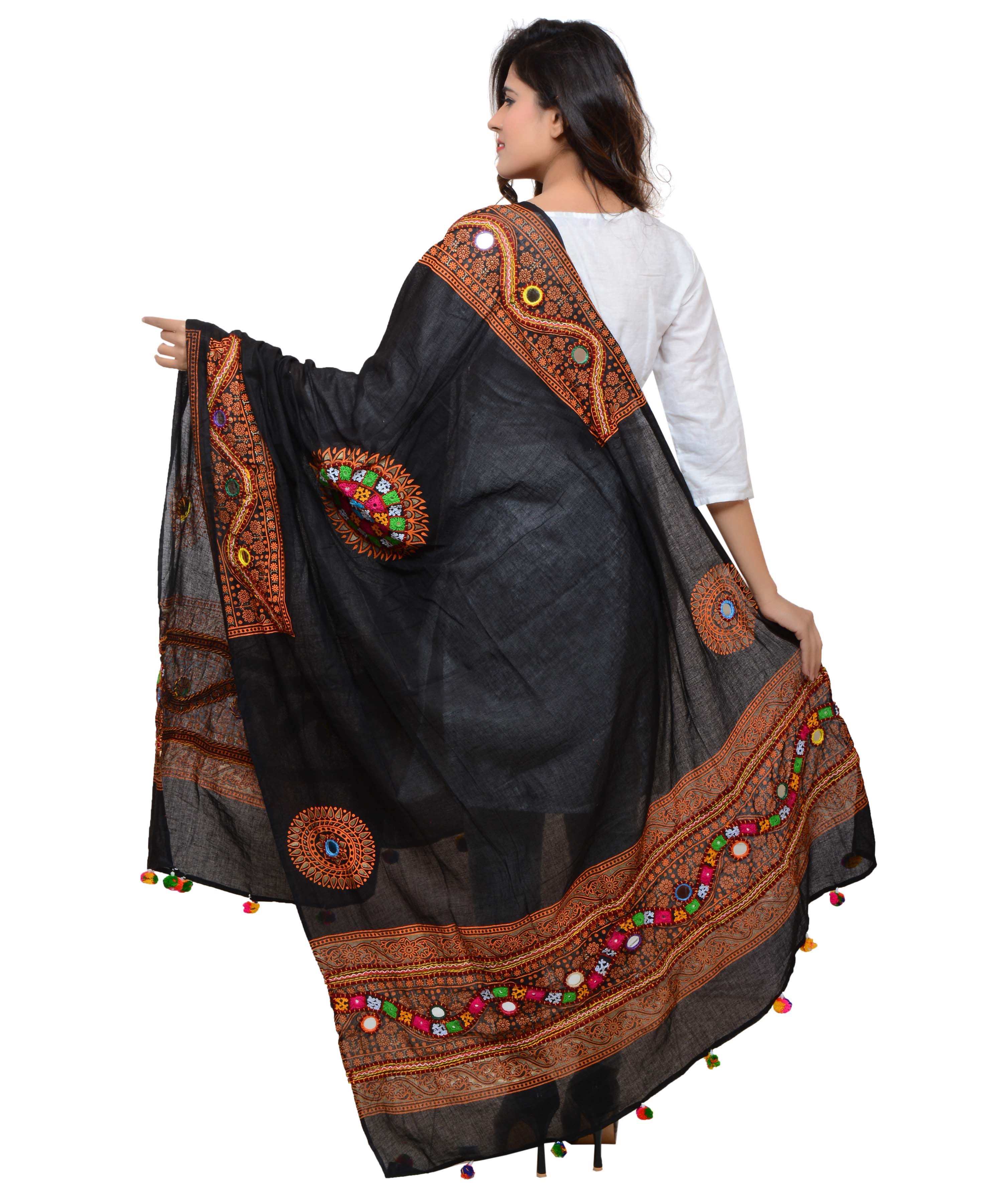 Banjara India Women's Pure Cotton Real Mirrorwork & Hand Embroidery Dupatta (Kuchi Lehriya) Black - KCH01 - Banjara India