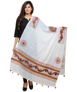 Banjara India Women's Pure Cotton Real Mirrorwork & Hand Embroidery Dupatta (Kuchi Lehriya) White - KCH02 - Banjara India