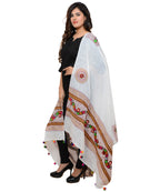 Banjara India Women's Pure Cotton Real Mirrorwork & Hand Embroidery Dupatta (Kuchi Lehriya) White - KCH02 - Banjara India