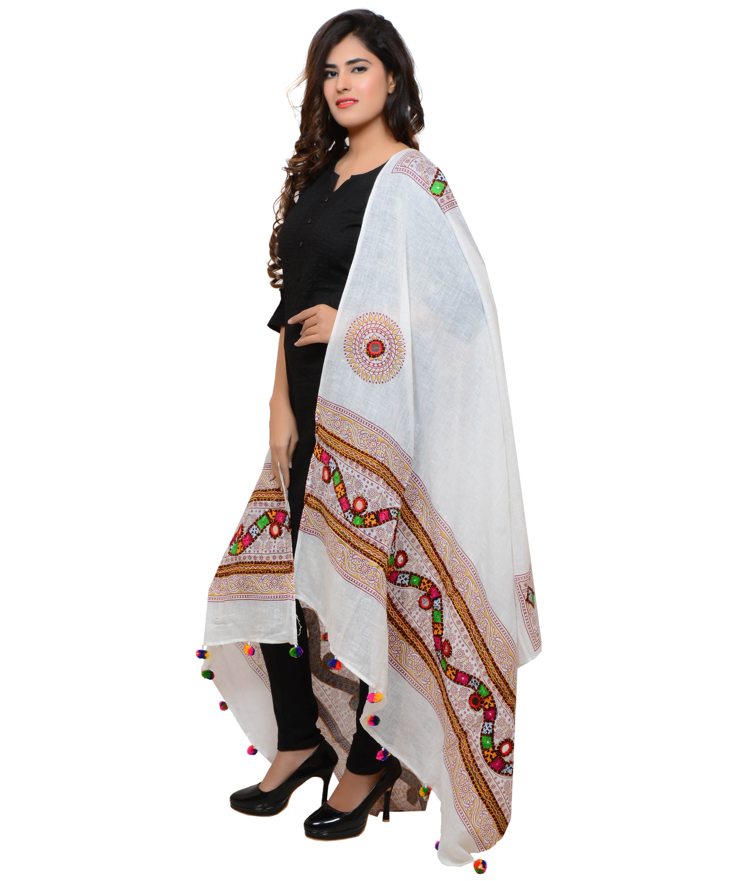 Banjara India Women's Pure Cotton Real Mirrorwork & Hand Embroidery Dupatta (Kuchi Lehriya) White - KCH02 - Banjara India