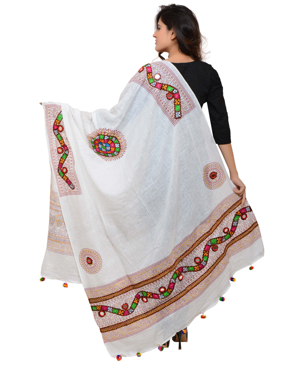 Banjara India Women's Pure Cotton Real Mirrorwork & Hand Embroidery Dupatta (Kuchi Lehriya) White - KCH02 - Banjara India