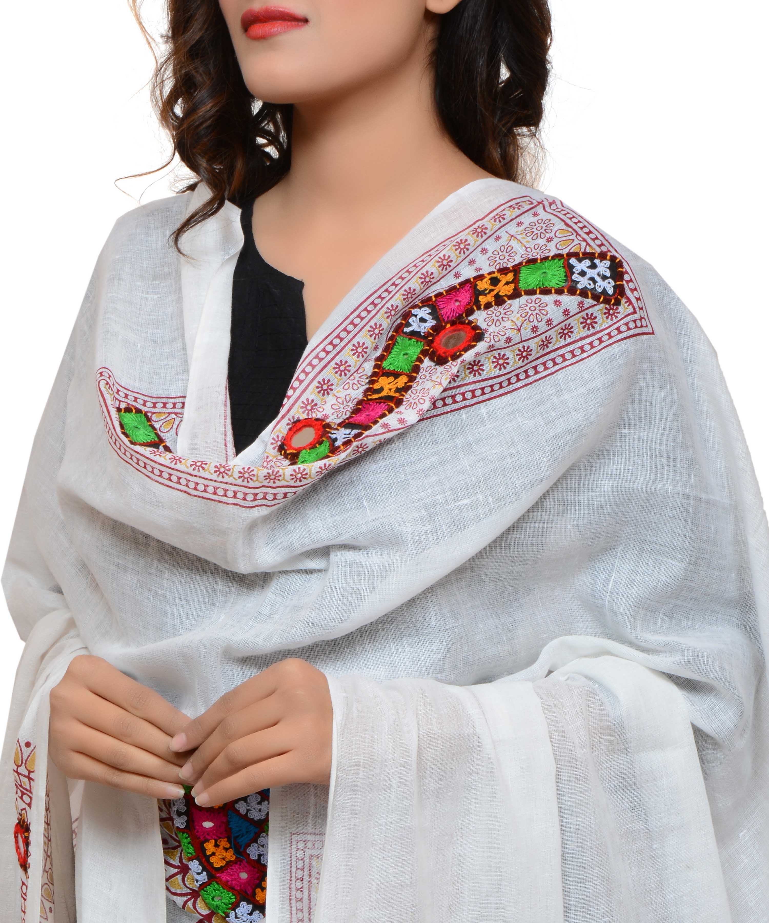 Banjara India Women's Pure Cotton Real Mirrorwork & Hand Embroidery Dupatta (Kuchi Lehriya) White - KCH02 - Banjara India
