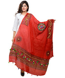 Banjara India Women's Pure Cotton Real Mirrorwork & Hand Embroidery Dupatta (Kuchi Lehriya) Red - KCH03 - Banjara India