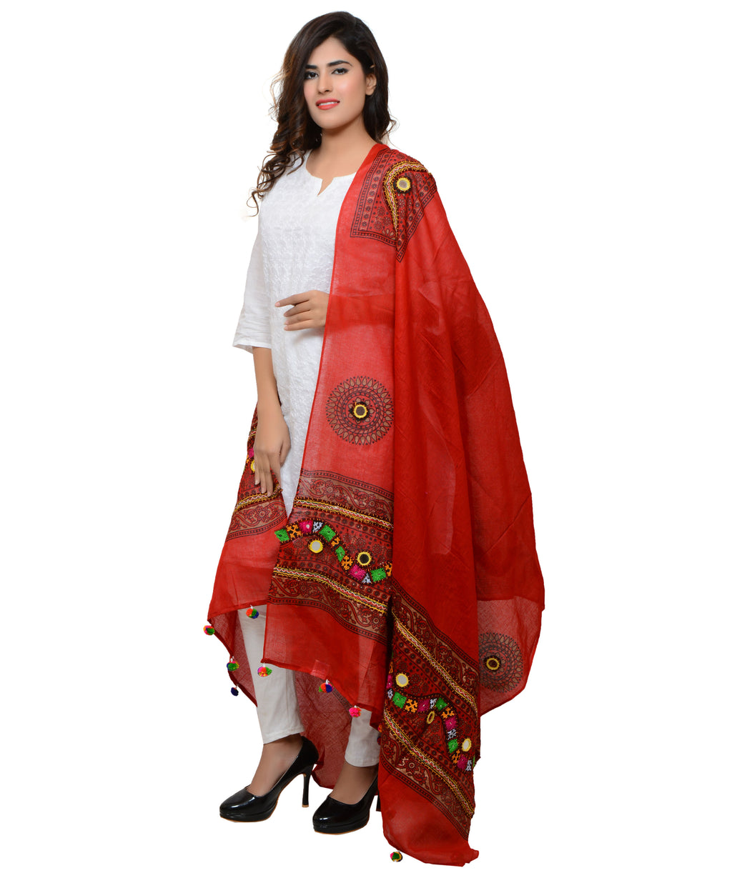 Banjara India Women's Pure Cotton Real Mirrorwork & Hand Embroidery Dupatta (Kuchi Lehriya) Red - KCH03 - Banjara India