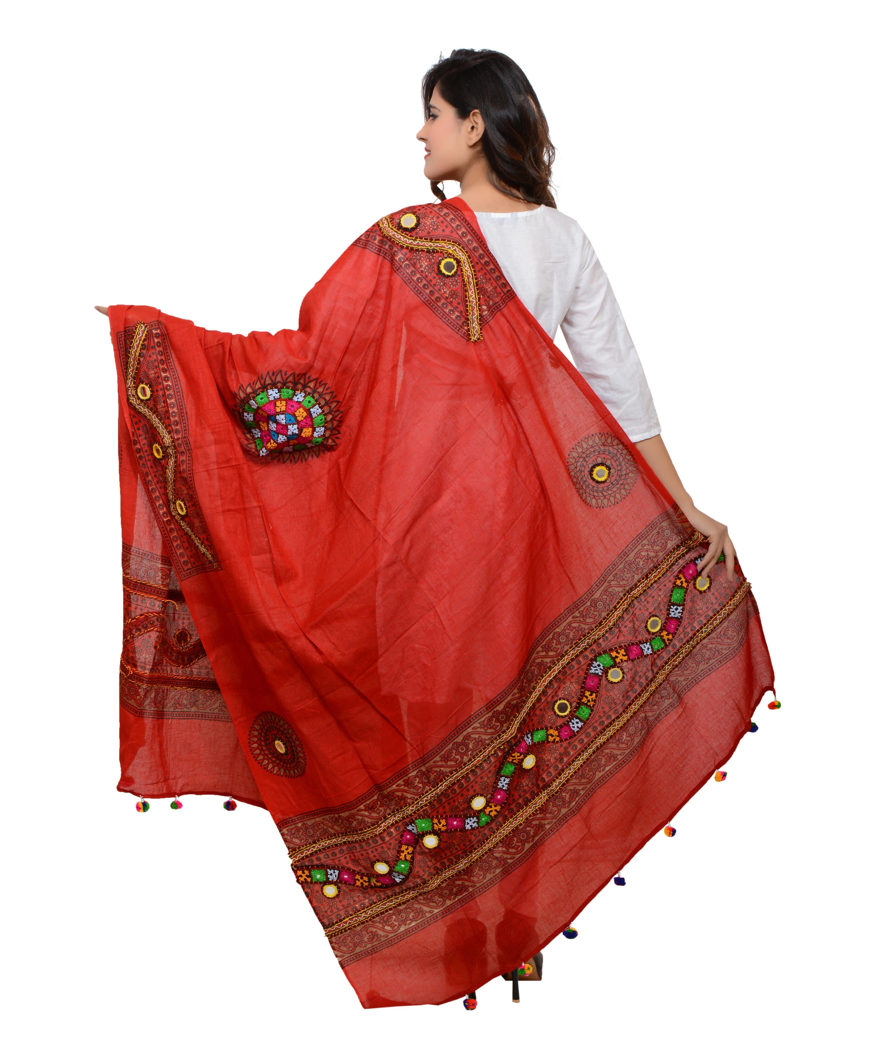 Banjara India Women's Pure Cotton Real Mirrorwork & Hand Embroidery Dupatta (Kuchi Lehriya) Red - KCH03 - Banjara India