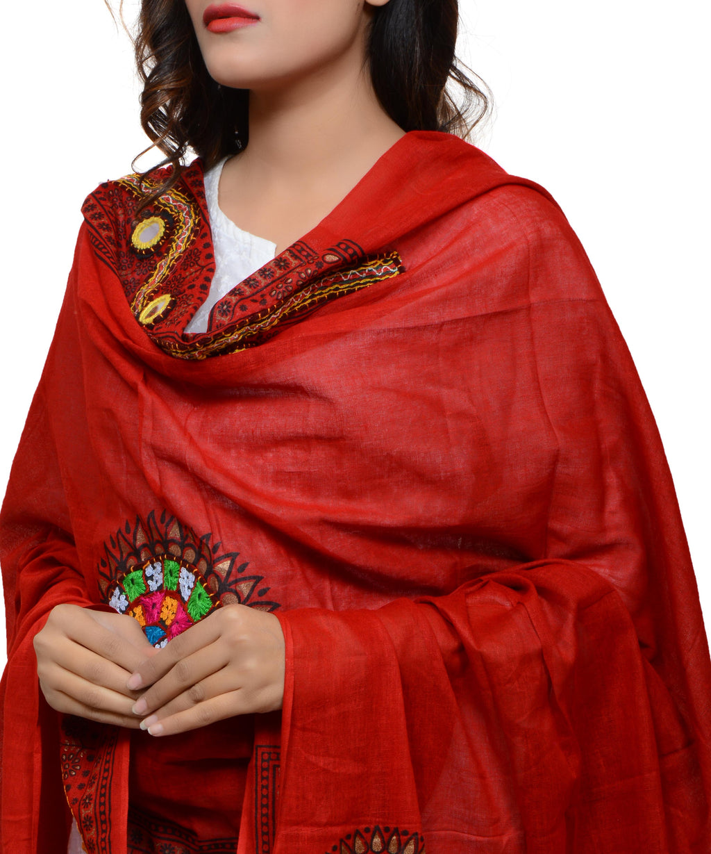 Banjara India Women's Pure Cotton Real Mirrorwork & Hand Embroidery Dupatta (Kuchi Lehriya) Red - KCH03 - Banjara India