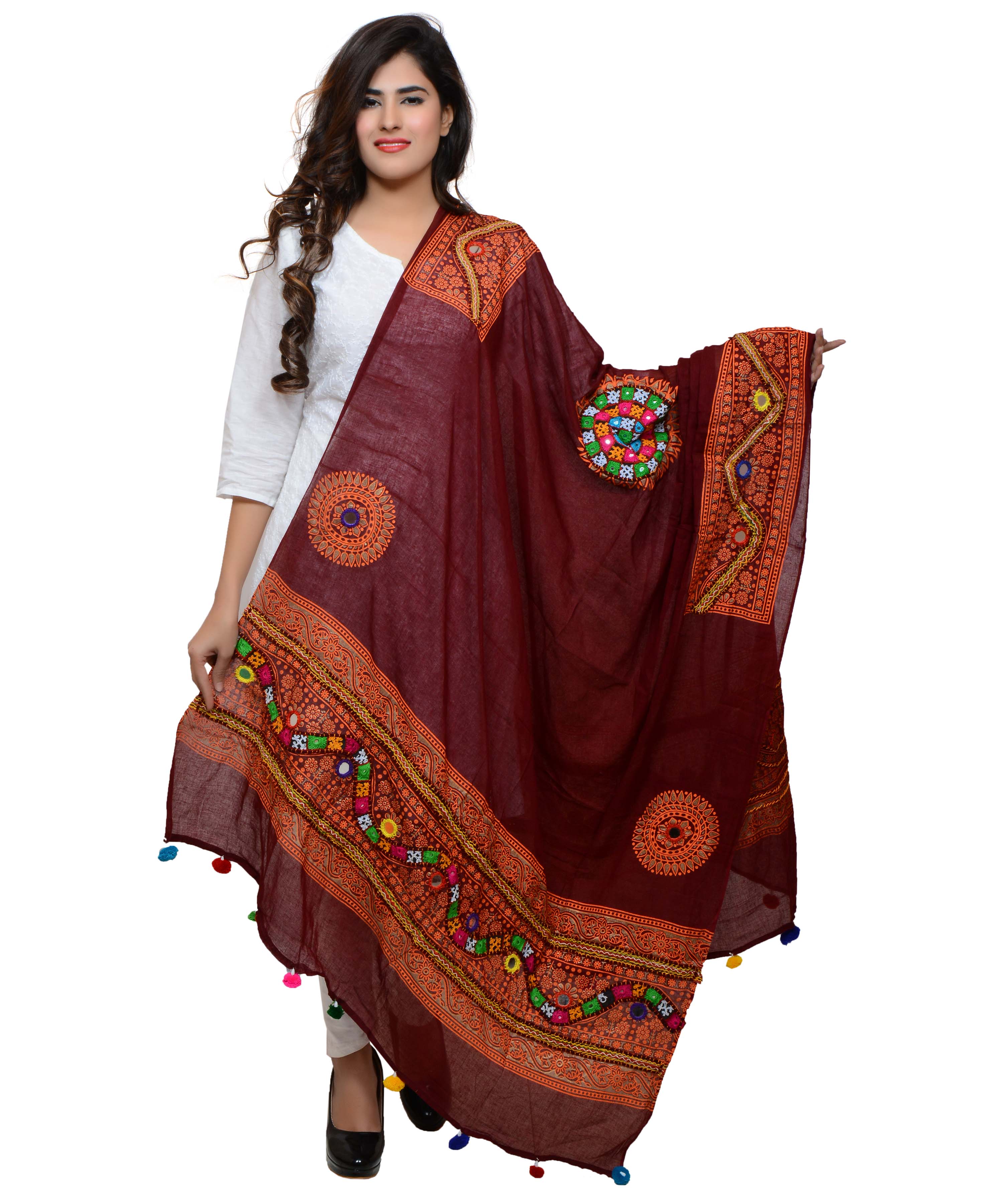 Banjara India Women's Pure Cotton Real Mirrorwork & Hand Embroidery Dupatta (Kuchi Lehriya) Maroon - KCH04 - Banjara India