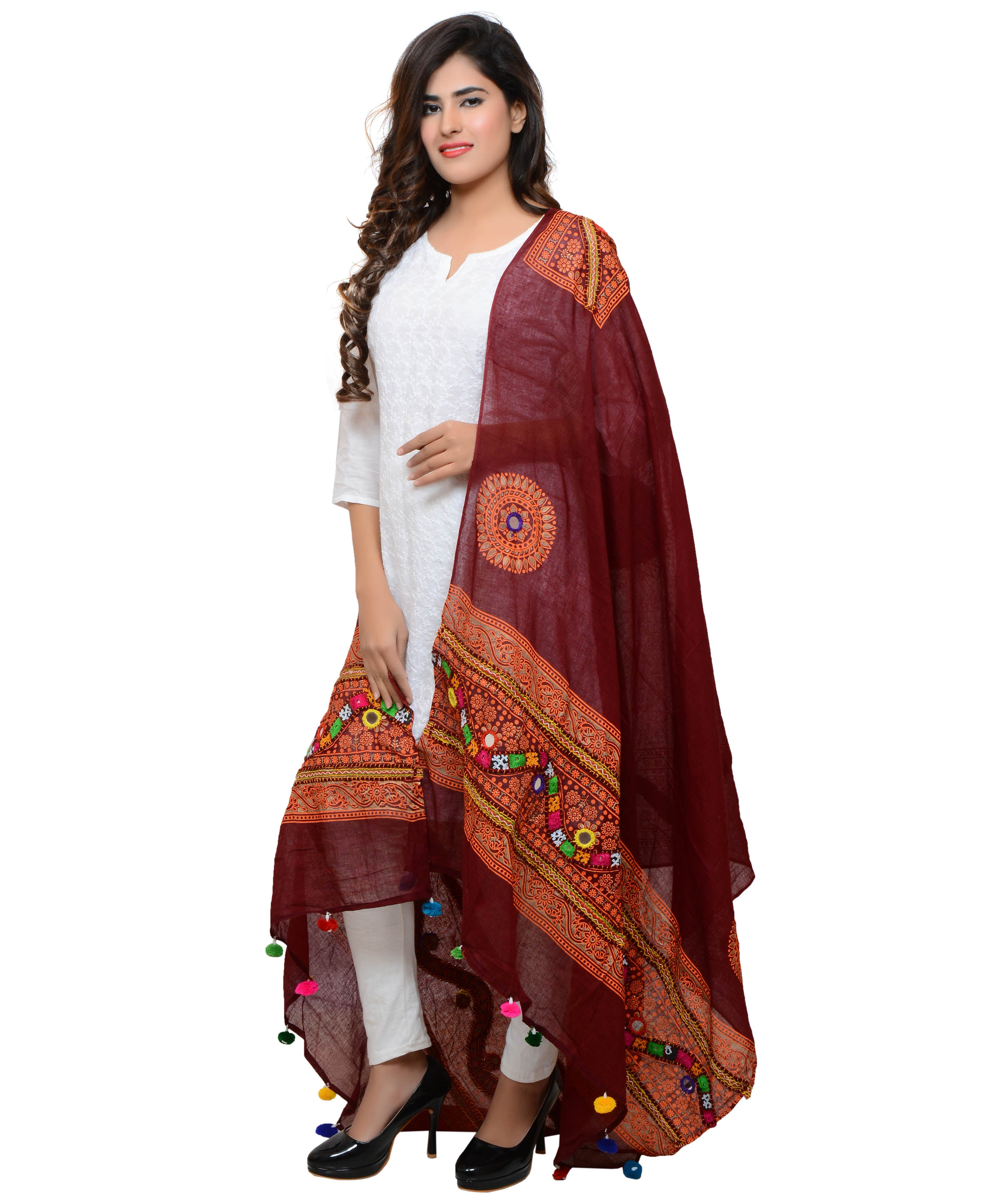 Banjara India Women's Pure Cotton Real Mirrorwork & Hand Embroidery Dupatta (Kuchi Lehriya) Maroon - KCH04 - Banjara India