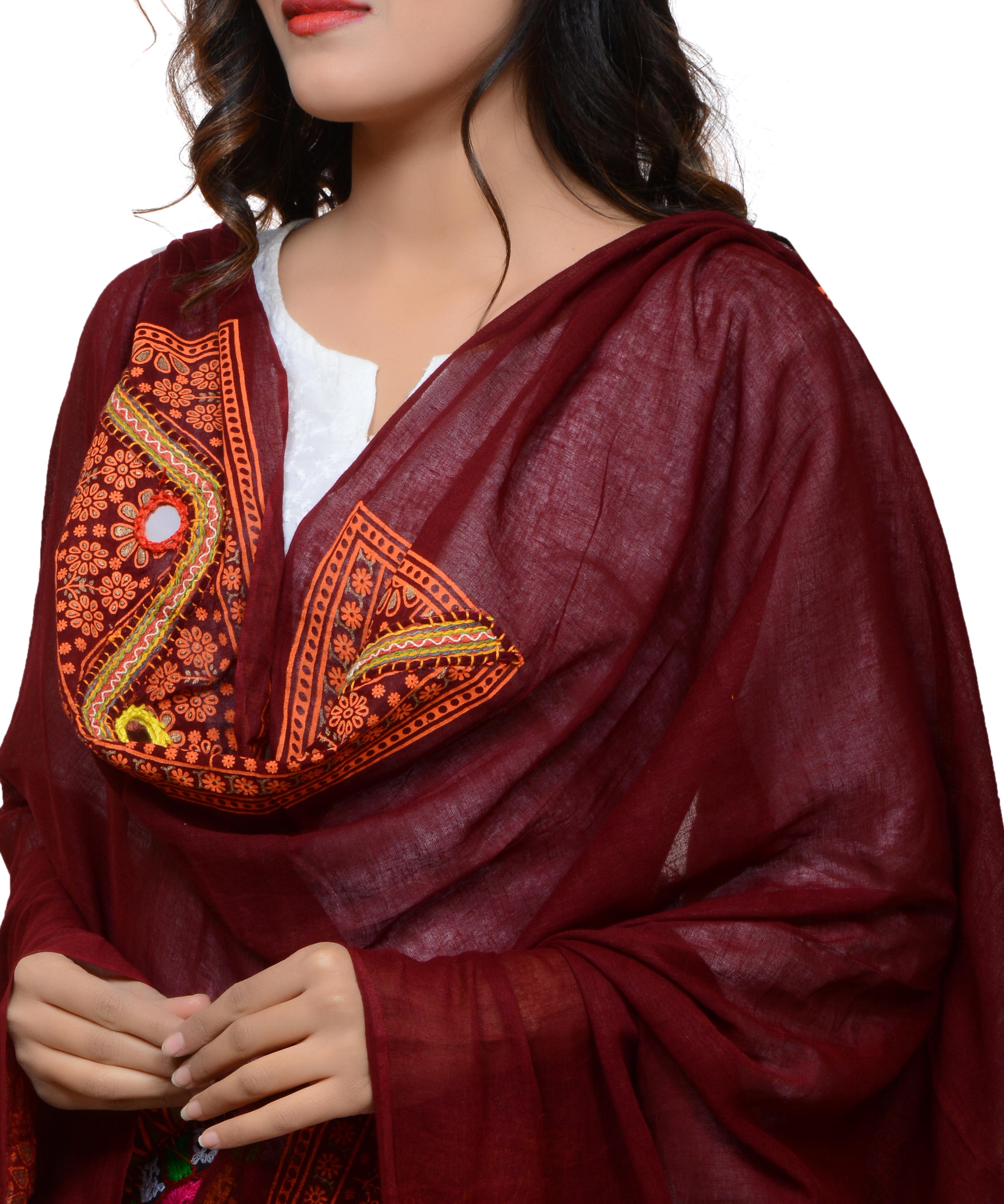 Banjara India Women's Pure Cotton Real Mirrorwork & Hand Embroidery Dupatta (Kuchi Lehriya) Maroon - KCH04 - Banjara India