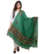 Banjara India Women's Pure Cotton Real Mirrorwork & Hand Embroidery Dupatta (Kuchi Lehriya) Dark Green  - KCH05 - Banjara India