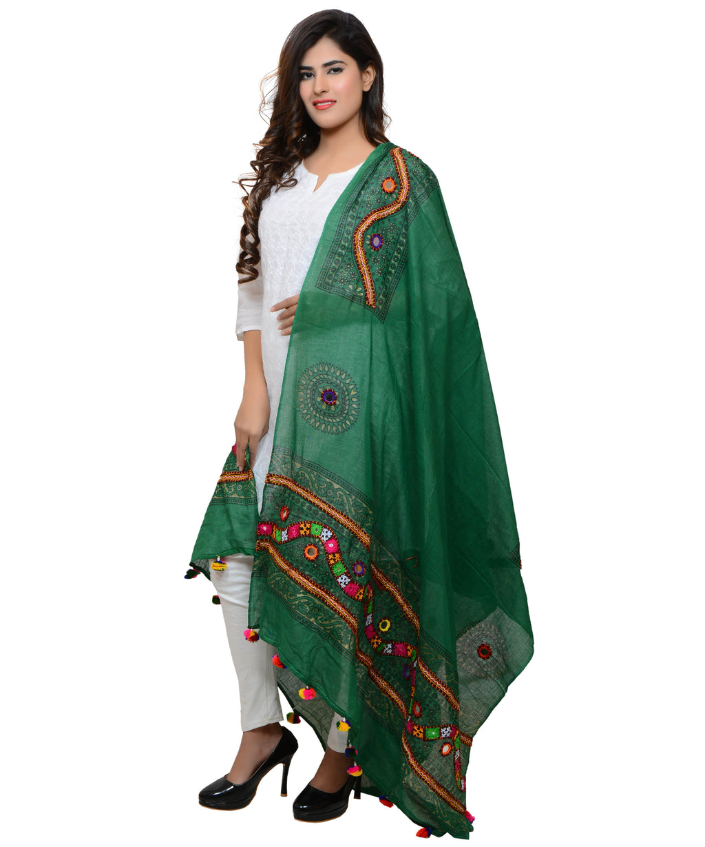 Banjara India Women's Pure Cotton Real Mirrorwork & Hand Embroidery Dupatta (Kuchi Lehriya) Dark Green  - KCH05 - Banjara India