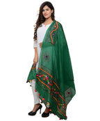 Banjara India Women's Pure Cotton Real Mirrorwork & Hand Embroidery Dupatta (Kuchi Lehriya) Dark Green  - KCH05 - Banjara India
