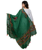 Banjara India Women's Pure Cotton Real Mirrorwork & Hand Embroidery Dupatta (Kuchi Lehriya) Dark Green  - KCH05 - Banjara India