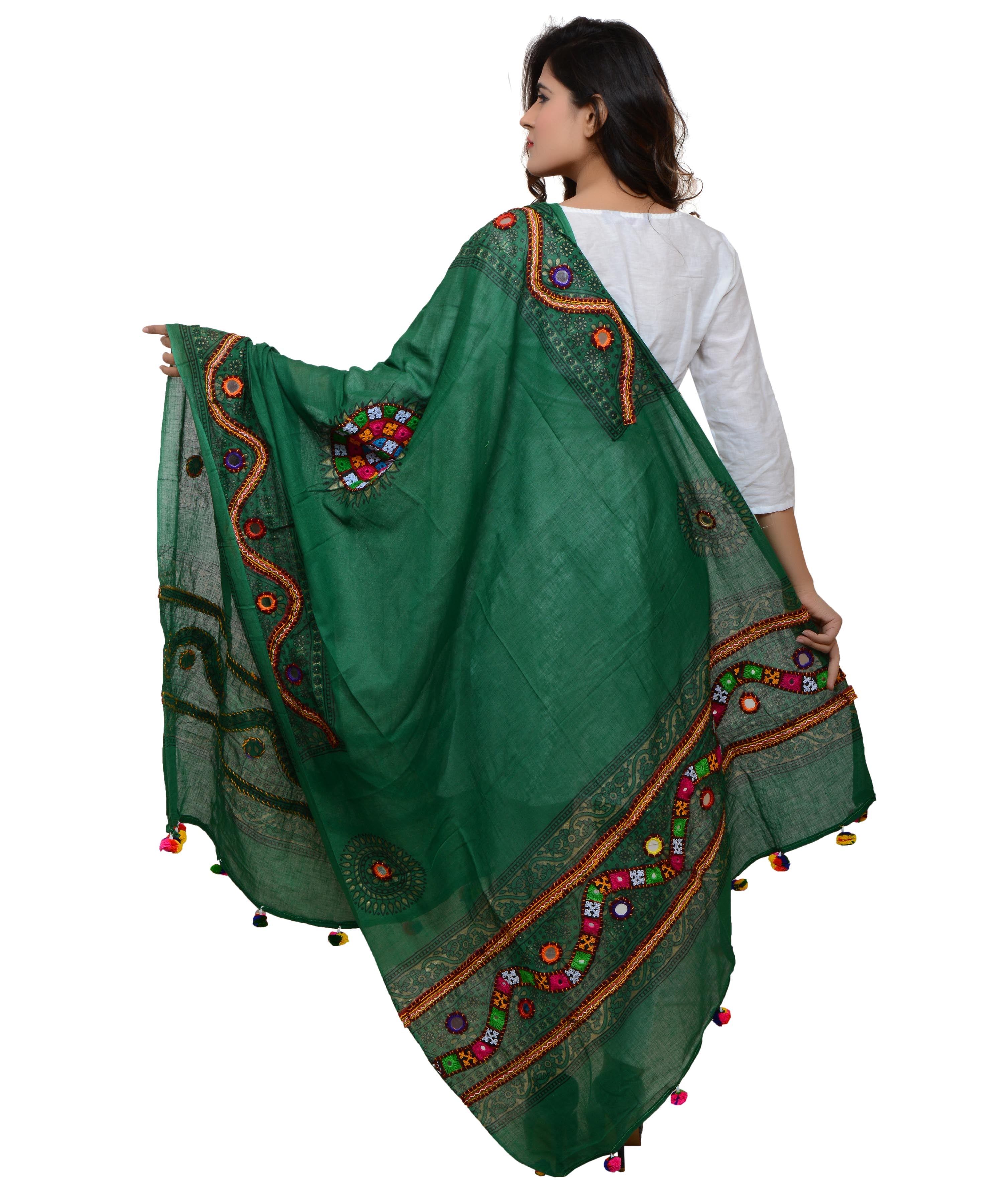 Banjara India Women's Pure Cotton Real Mirrorwork & Hand Embroidery Dupatta (Kuchi Lehriya) Dark Green  - KCH05 - Banjara India