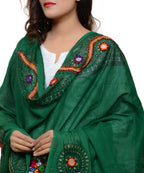 Banjara India Women's Pure Cotton Real Mirrorwork & Hand Embroidery Dupatta (Kuchi Lehriya) Dark Green  - KCH05 - Banjara India