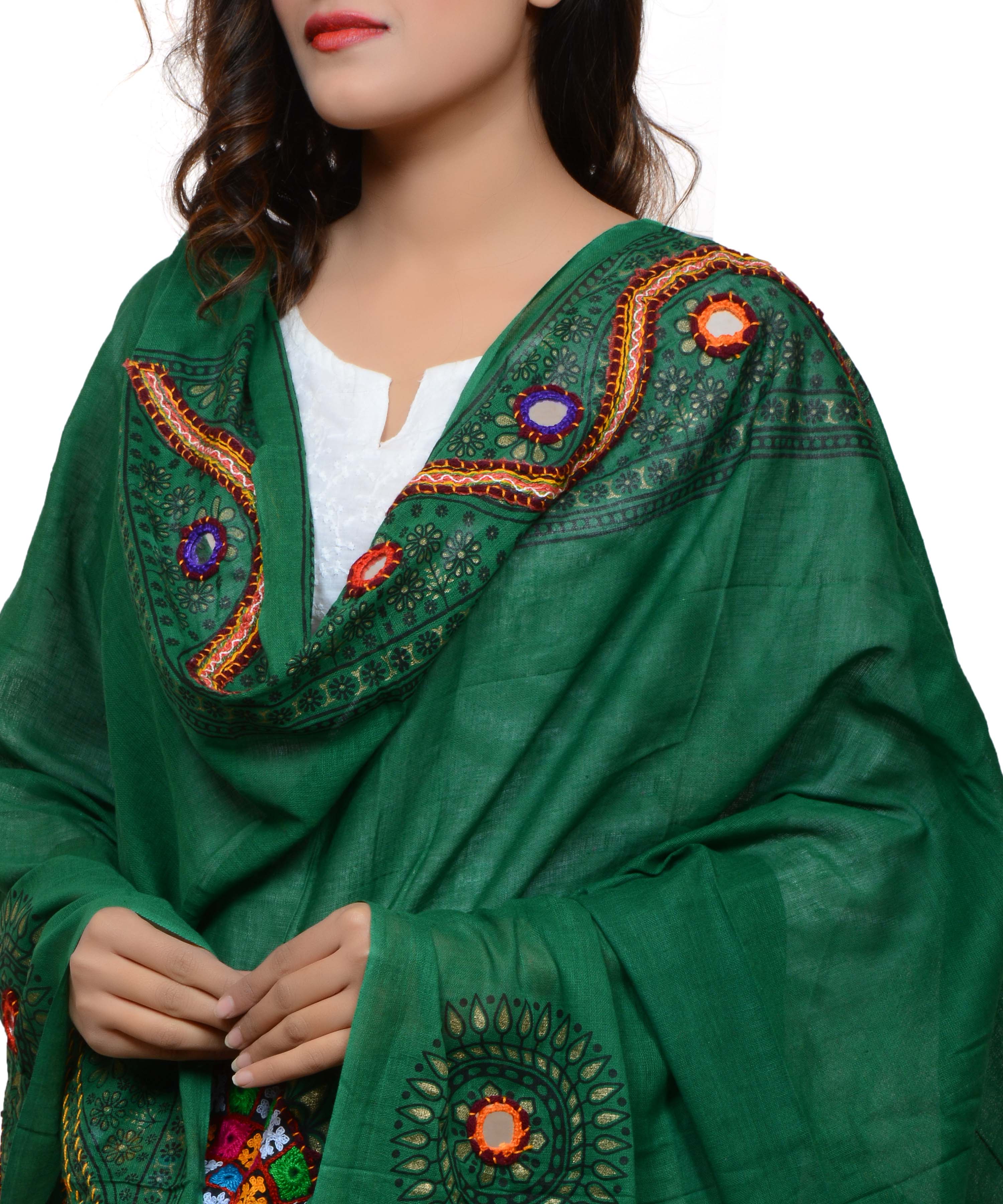 Banjara India Women's Pure Cotton Real Mirrorwork & Hand Embroidery Dupatta (Kuchi Lehriya) Dark Green  - KCH05 - Banjara India