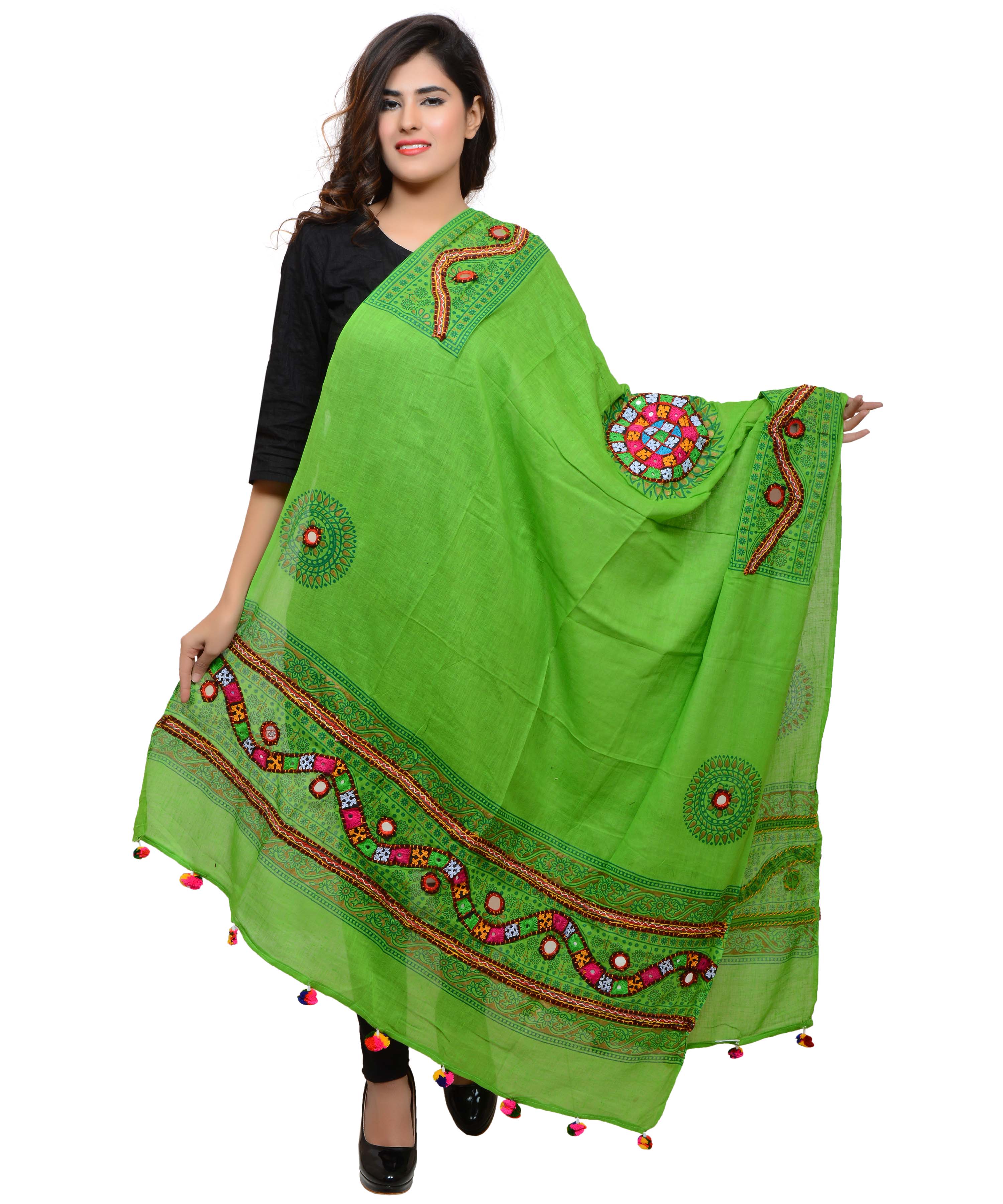 Banjara India Women's Pure Cotton Real Mirrorwork & Hand Embroidery Dupatta (Kuchi Lehriya) Parrot Green - KCH06 - Banjara India