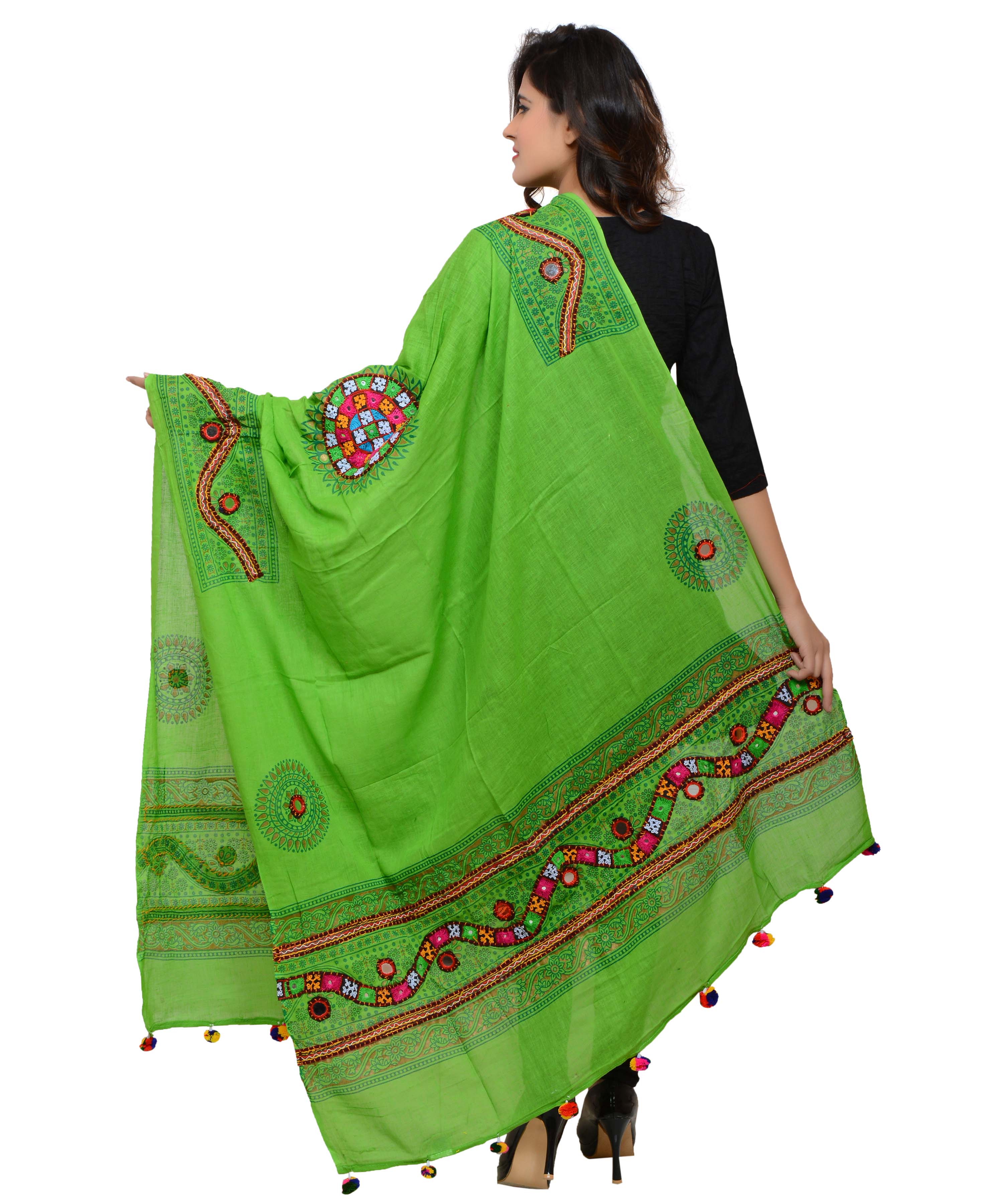 Banjara India Women's Pure Cotton Real Mirrorwork & Hand Embroidery Dupatta (Kuchi Lehriya) Parrot Green - KCH06 - Banjara India