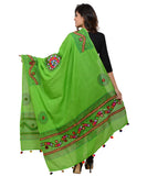 Banjara India Women's Pure Cotton Real Mirrorwork & Hand Embroidery Dupatta (Kuchi Lehriya) Parrot Green - KCH06 - Banjara India