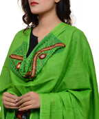 Banjara India Women's Pure Cotton Real Mirrorwork & Hand Embroidery Dupatta (Kuchi Lehriya) Parrot Green - KCH06 - Banjara India