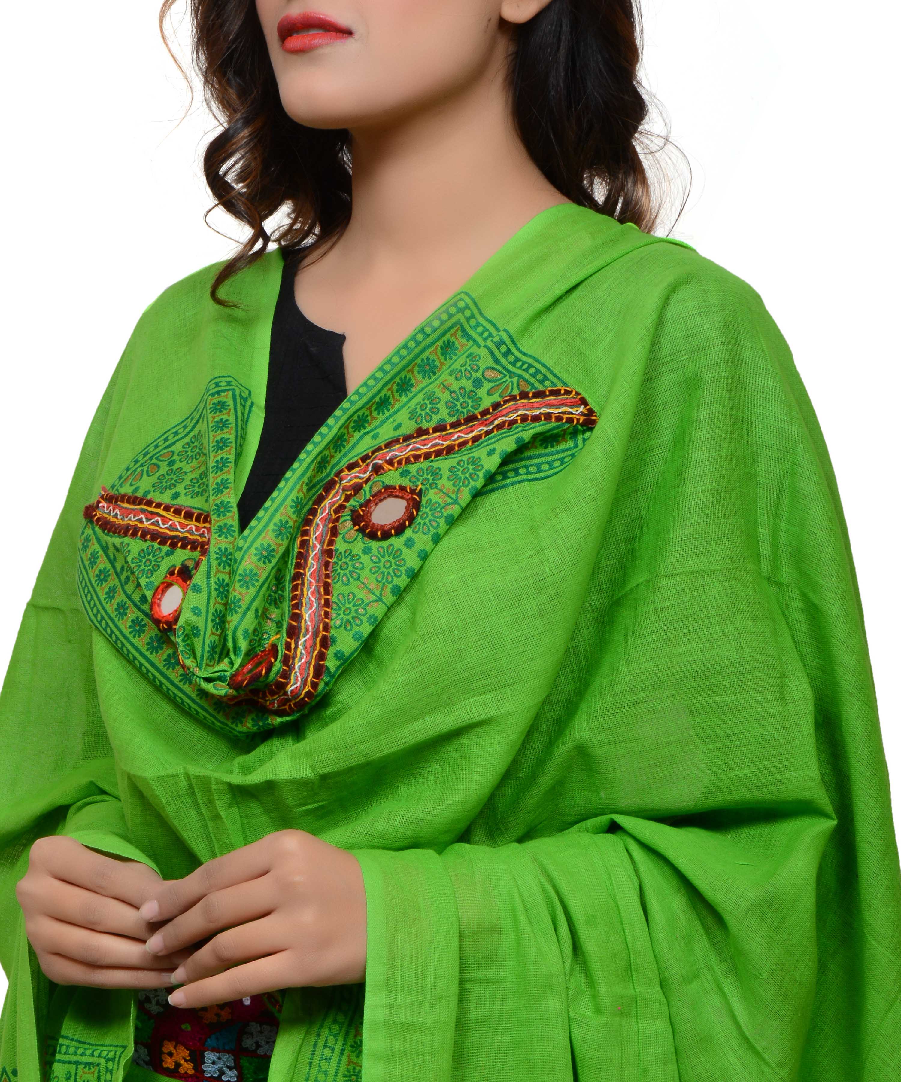 Banjara India Women's Pure Cotton Real Mirrorwork & Hand Embroidery Dupatta (Kuchi Lehriya) Parrot Green - KCH06 - Banjara India