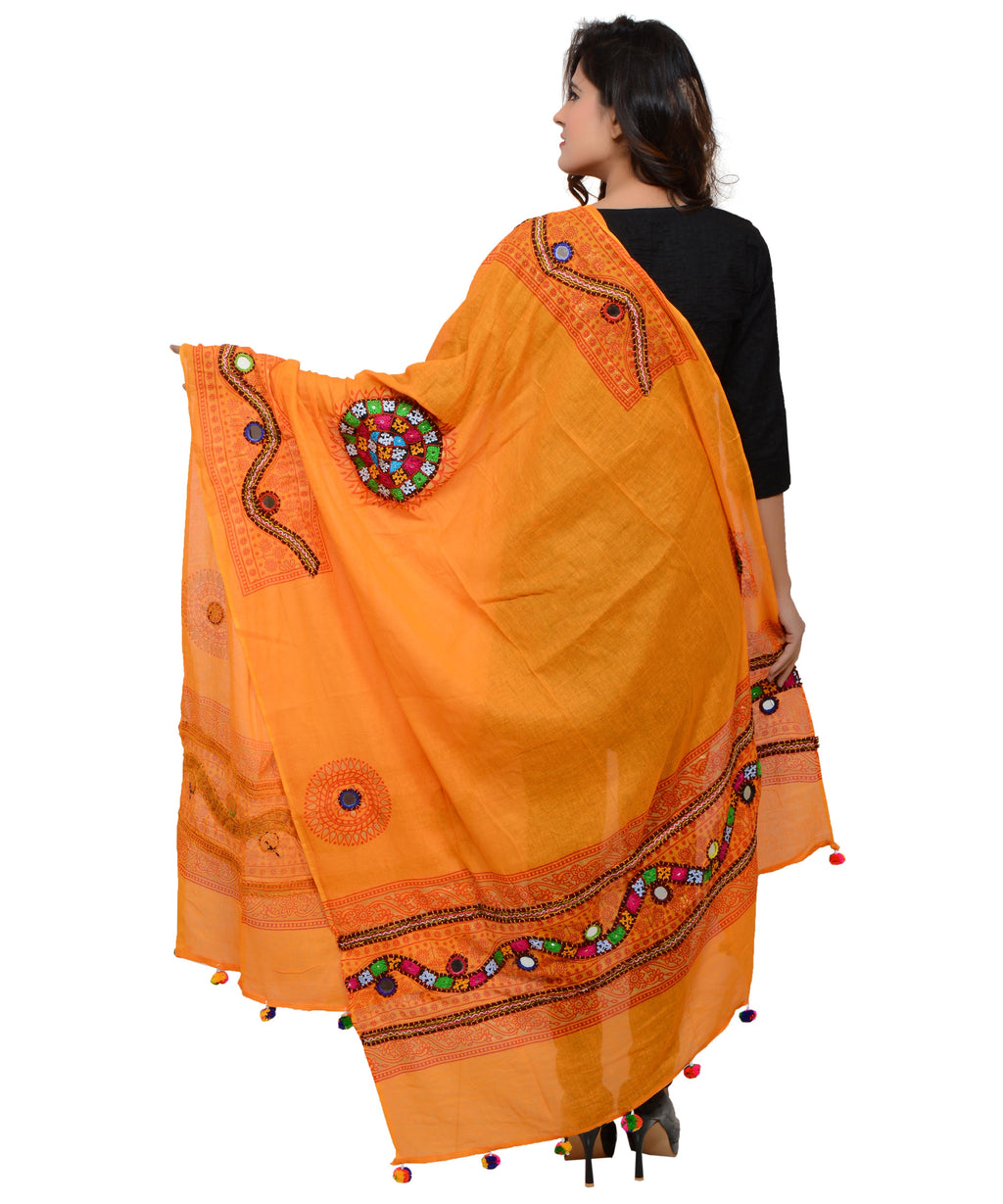 Banjara India Women's Pure Cotton Real Mirrorwork & Hand Embroidery Dupatta (Kuchi Lehriya) Light Orange - KCH07 - Banjara India