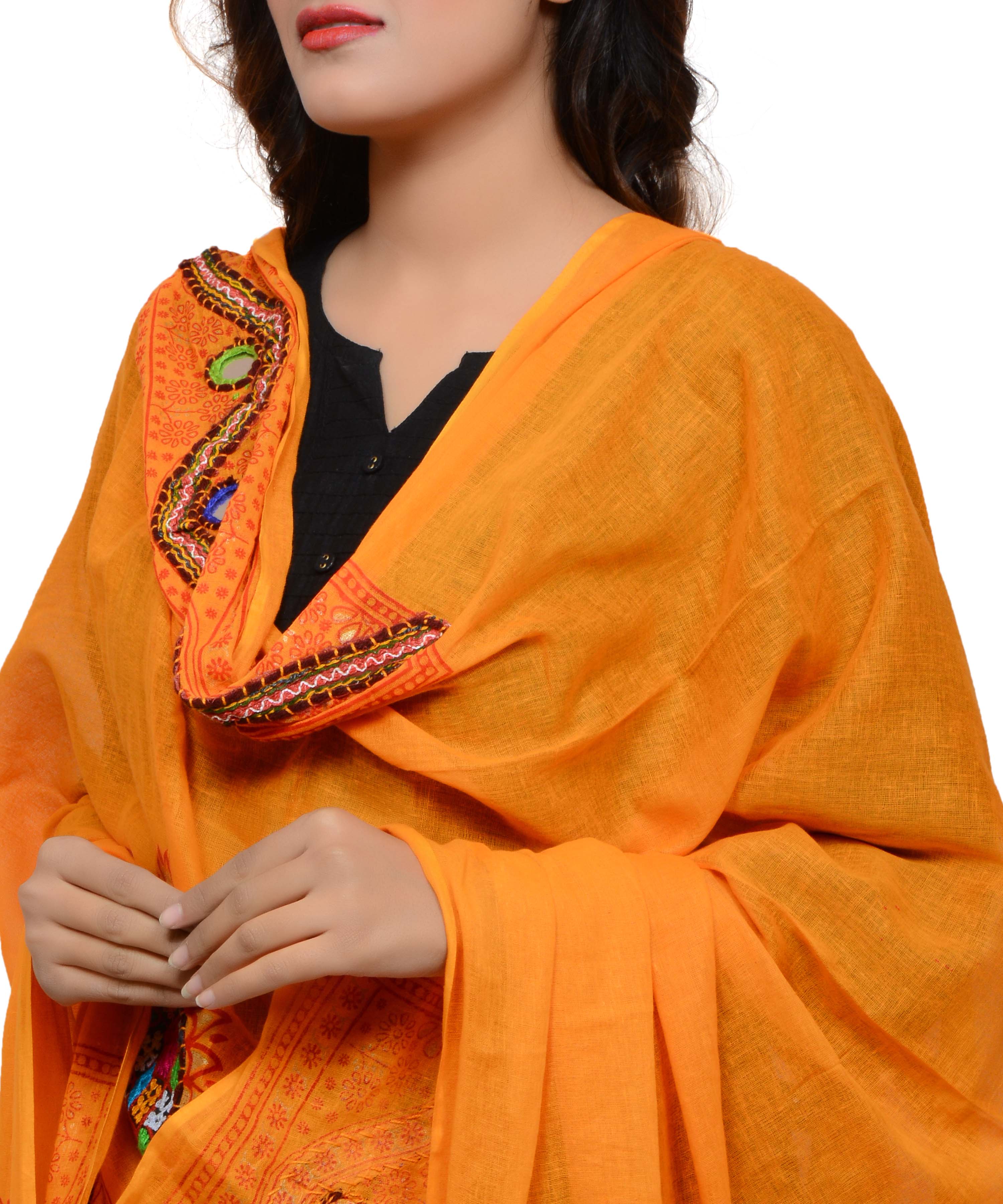 Banjara India Women's Pure Cotton Real Mirrorwork & Hand Embroidery Dupatta (Kuchi Lehriya) Light Orange - KCH07 - Banjara India