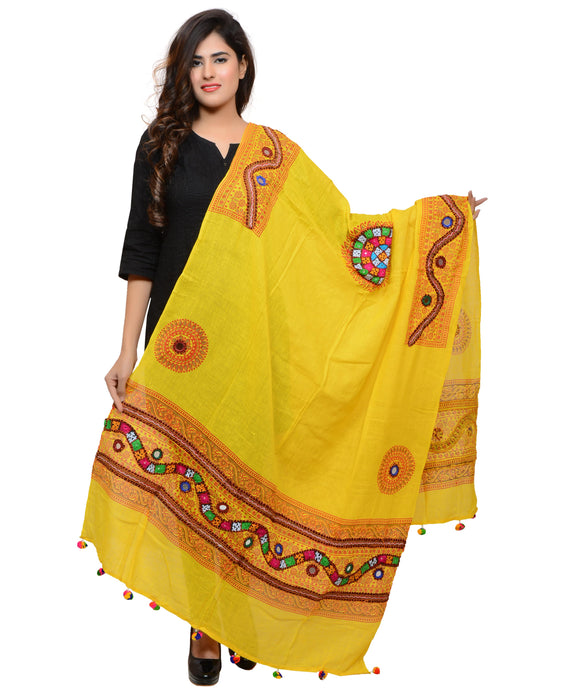 Banjara India Women's Pure Cotton Real Mirrorwork & Hand Embroidery Dupatta (Kuchi Lehriya) Lemon Yellow - KCH08 - Banjara India