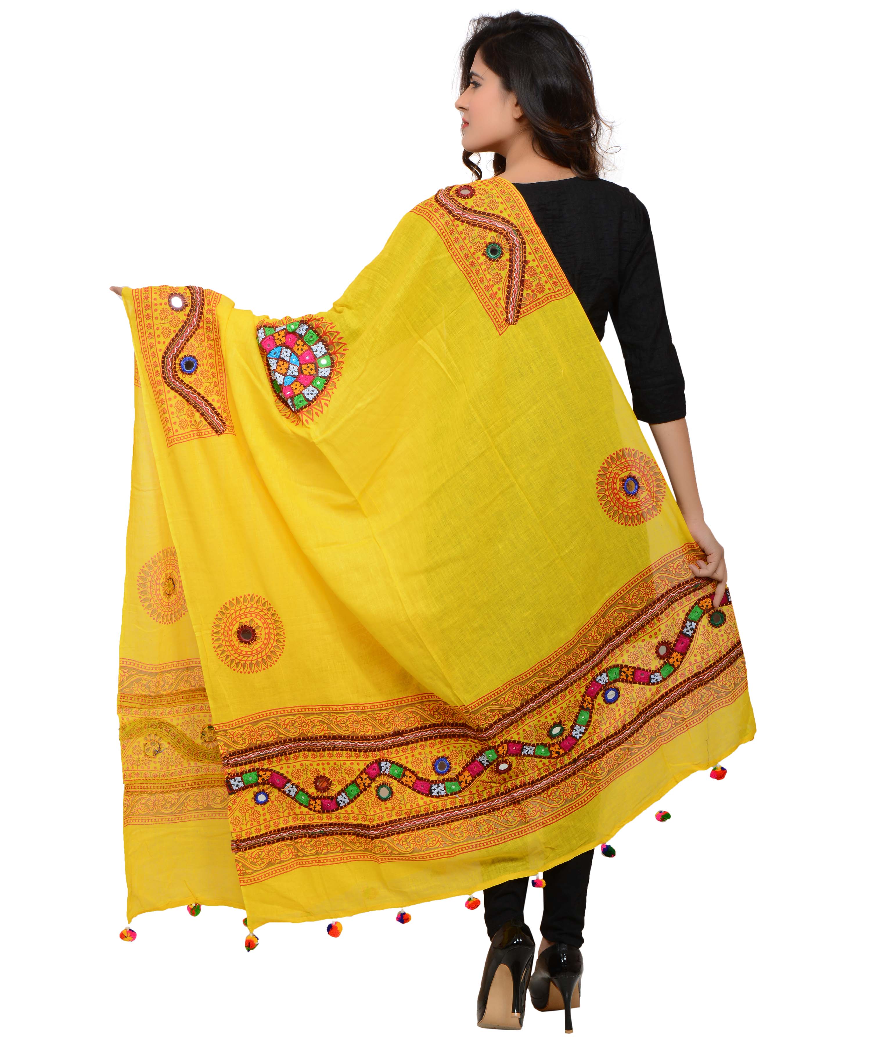 Banjara India Women's Pure Cotton Real Mirrorwork & Hand Embroidery Dupatta (Kuchi Lehriya) Lemon Yellow - KCH08 - Banjara India