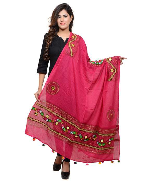 Banjara India Women's Pure Cotton Real Mirrorwork & Hand Embroidery Dupatta (Kuchi Lehriya) Pink - KCH09 - Banjara India