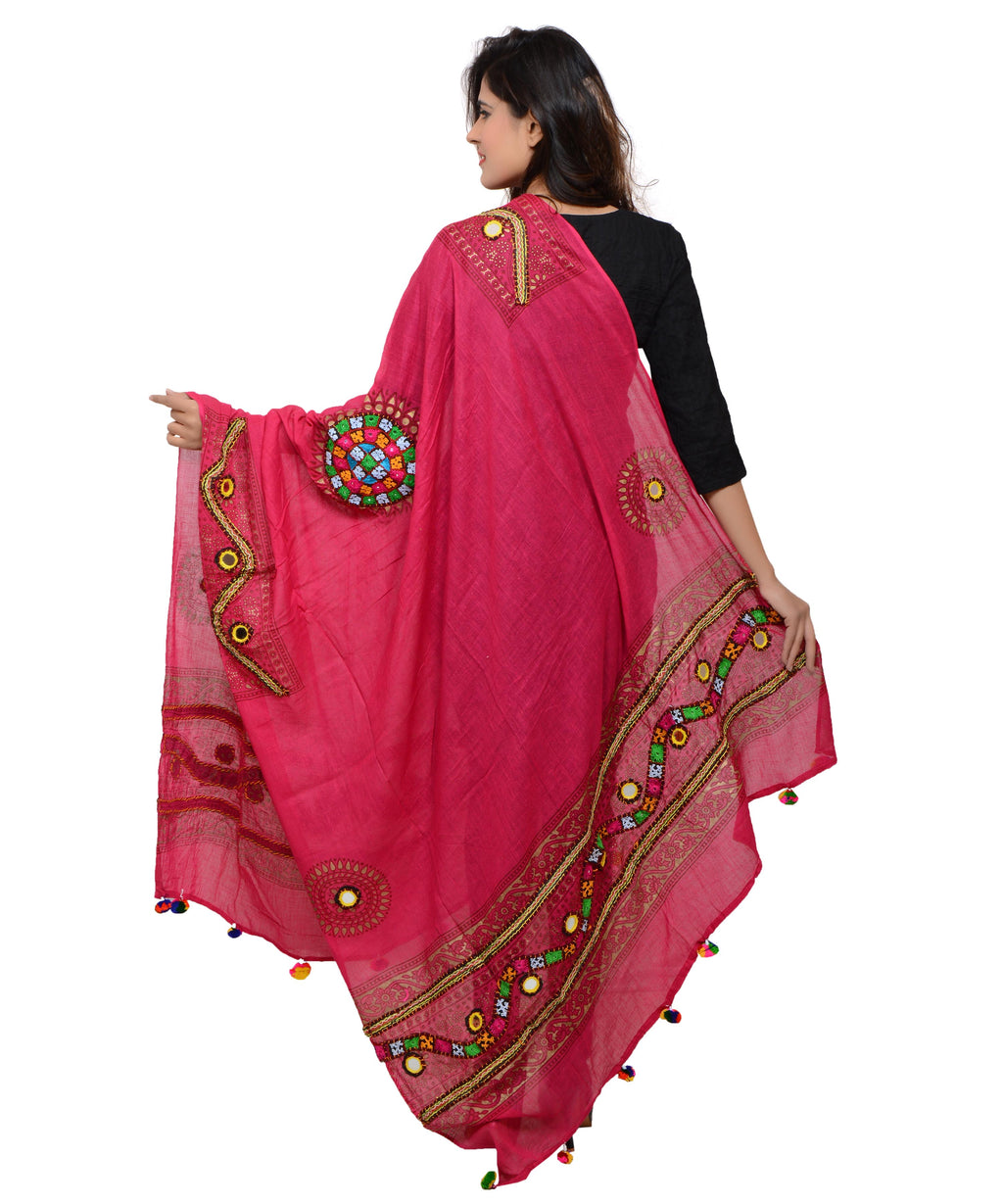 Banjara India Women's Pure Cotton Real Mirrorwork & Hand Embroidery Dupatta (Kuchi Lehriya) Pink - KCH09 - Banjara India