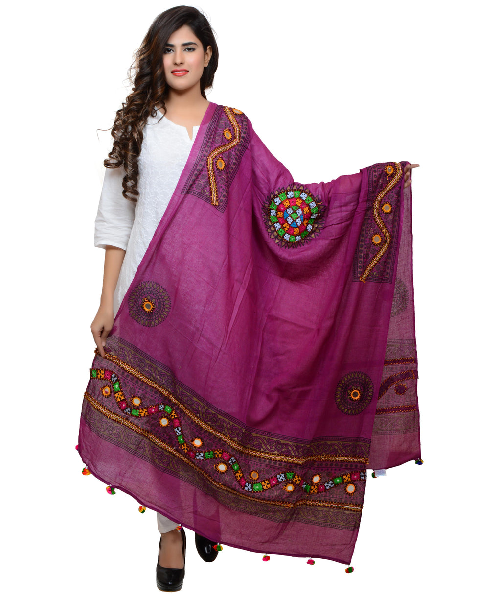 Banjara India Women's Pure Cotton Real Mirrorwork & Hand Embroidery Dupatta (Kuchi Lehriya) Magenta Violet - KCH10 - Banjara India