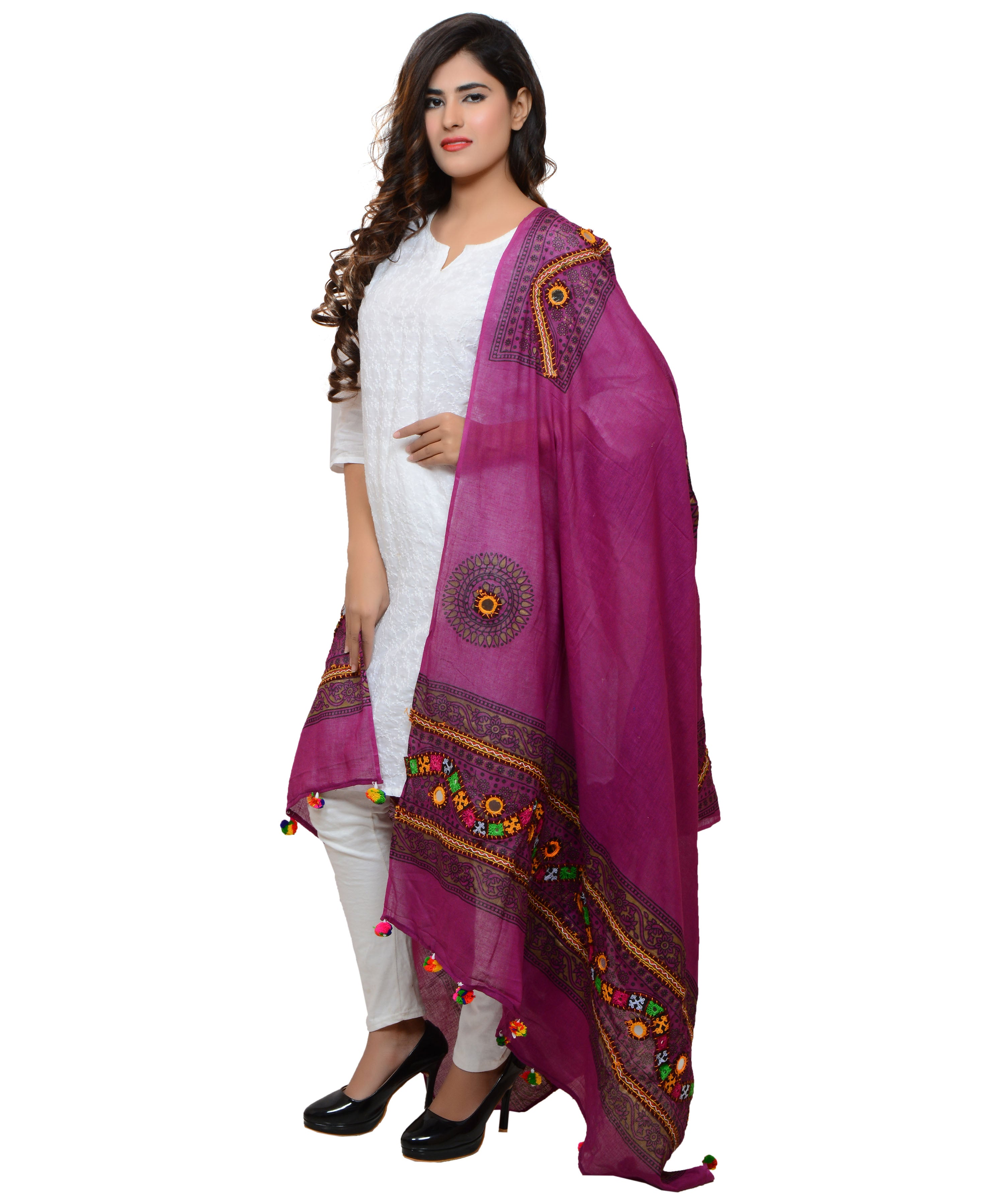 Banjara India Women's Pure Cotton Real Mirrorwork & Hand Embroidery Dupatta (Kuchi Lehriya) Magenta Violet - KCH10 - Banjara India