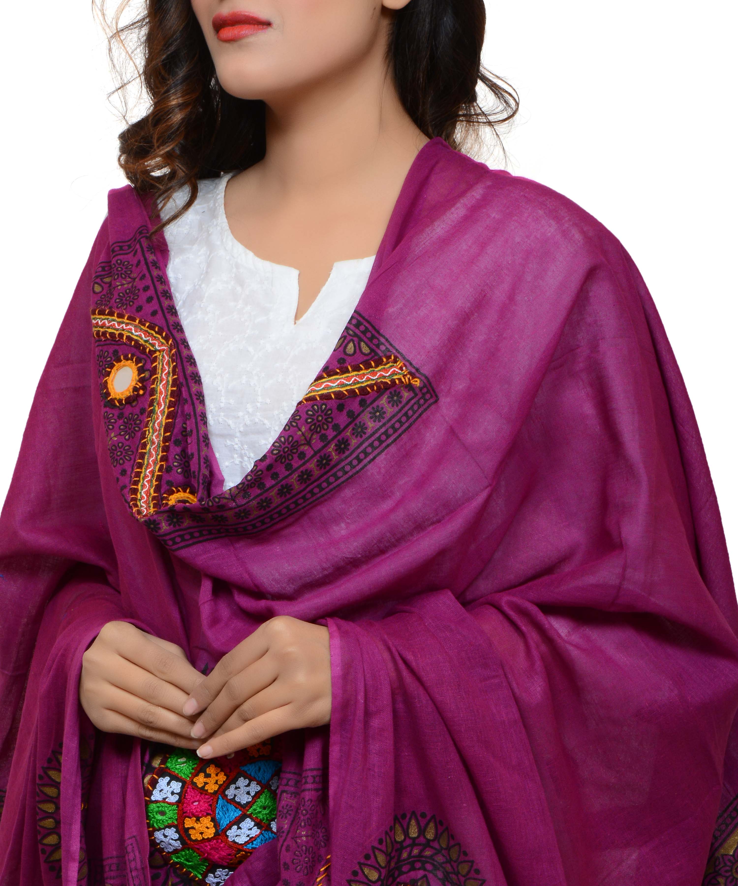 Banjara India Women's Pure Cotton Real Mirrorwork & Hand Embroidery Dupatta (Kuchi Lehriya) Magenta Violet - KCH10 - Banjara India