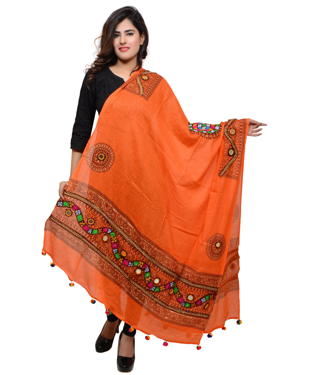 Banjara India Women's Pure Cotton Real Mirrorwork & Hand Embroidery Dupatta (Kuchi Lehriya) Tangy Orange - KCH11 - Banjara India