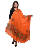Banjara India Women's Pure Cotton Real Mirrorwork & Hand Embroidery Dupatta (Kuchi Lehriya) Tangy Orange - KCH11 - Banjara India