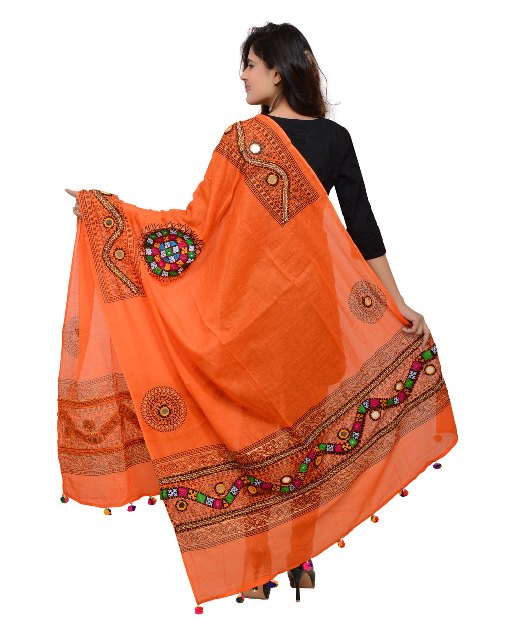 Banjara India Women's Pure Cotton Real Mirrorwork & Hand Embroidery Dupatta (Kuchi Lehriya) Tangy Orange - KCH11 - Banjara India