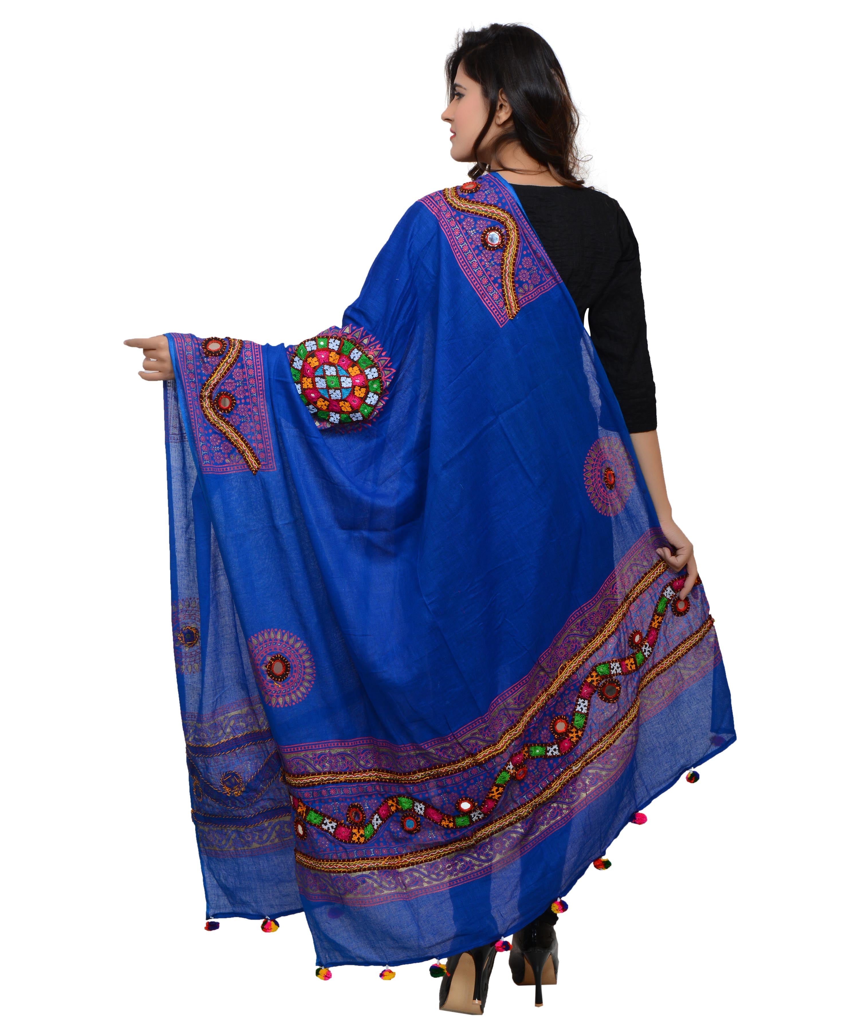Banjara India Women's Pure Cotton Real Mirrorwork & Hand Embroidery Dupatta (Kuchi Lehriya) Blue - KCH12 - Banjara India