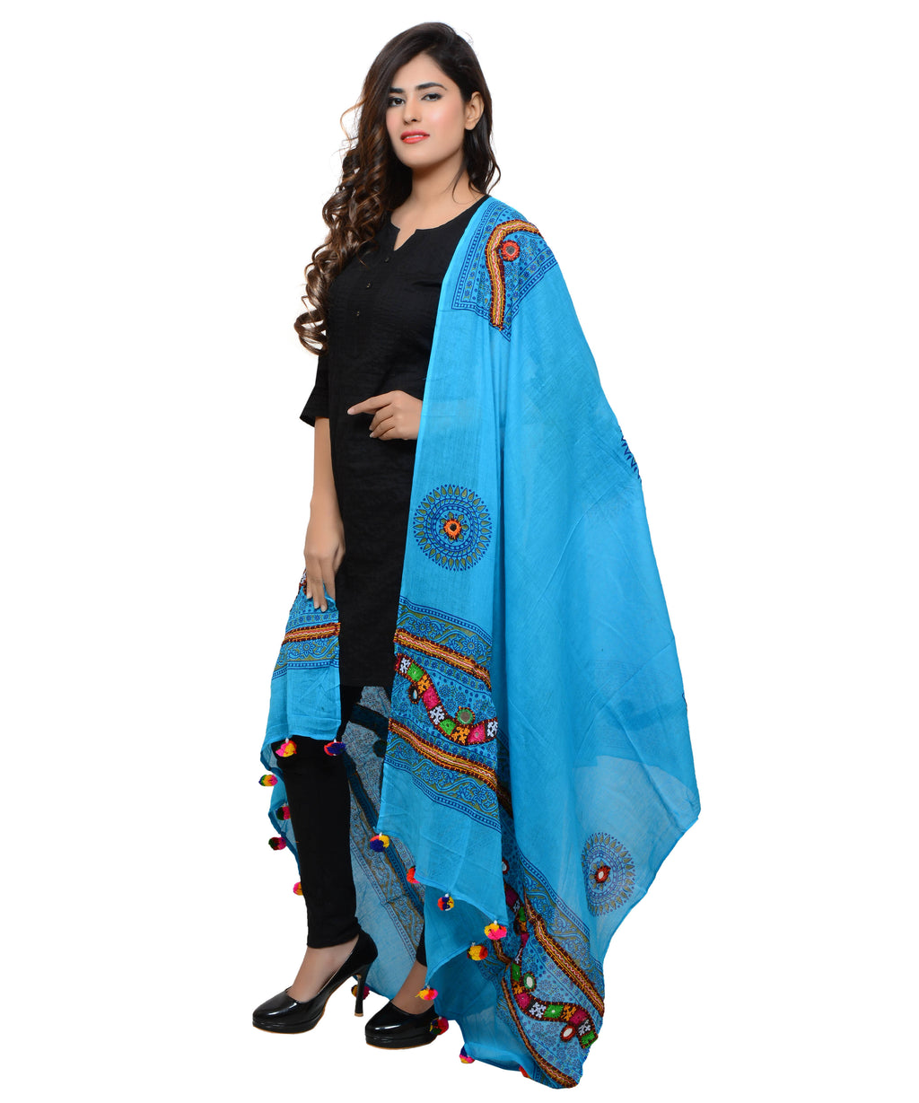 Banjara India Women's Pure Cotton Real Mirrorwork & Hand Embroidery Dupatta (Kuchi Lehriya) Turquoise - KCH13 - Banjara India