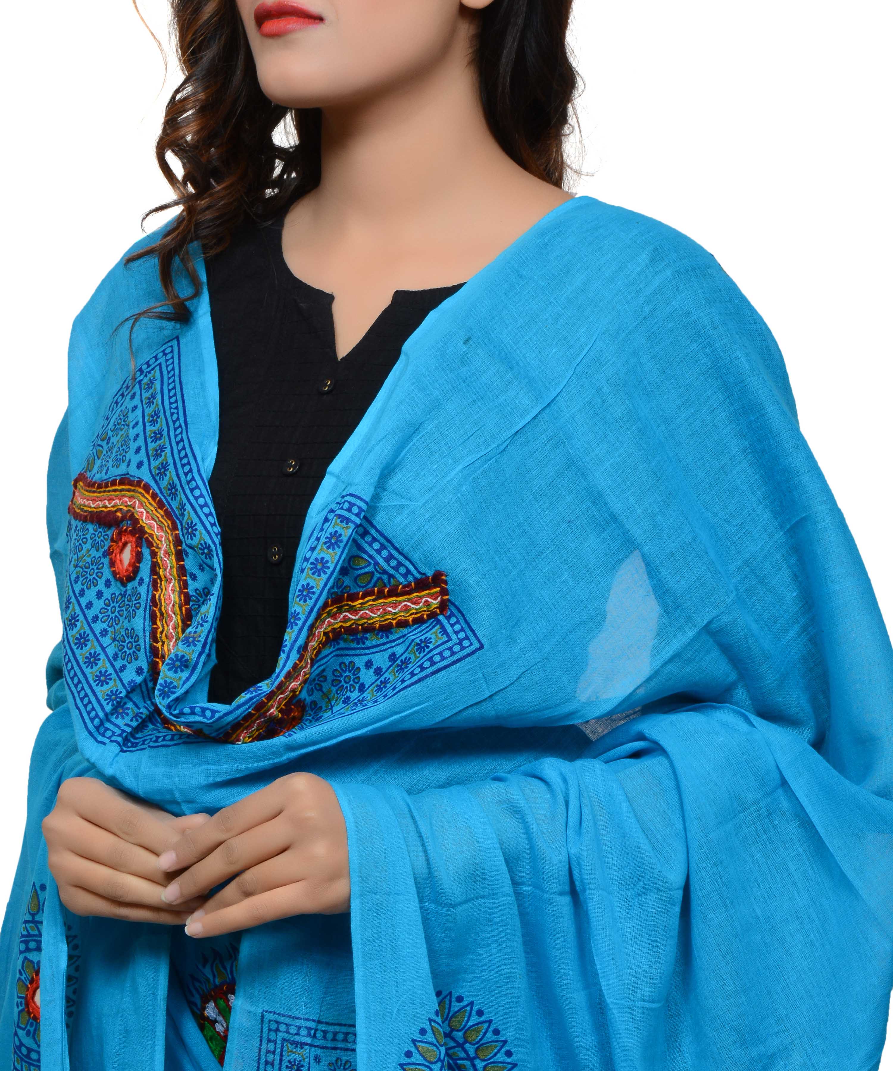 Banjara India Women's Pure Cotton Real Mirrorwork & Hand Embroidery Dupatta (Kuchi Lehriya) Turquoise - KCH13 - Banjara India