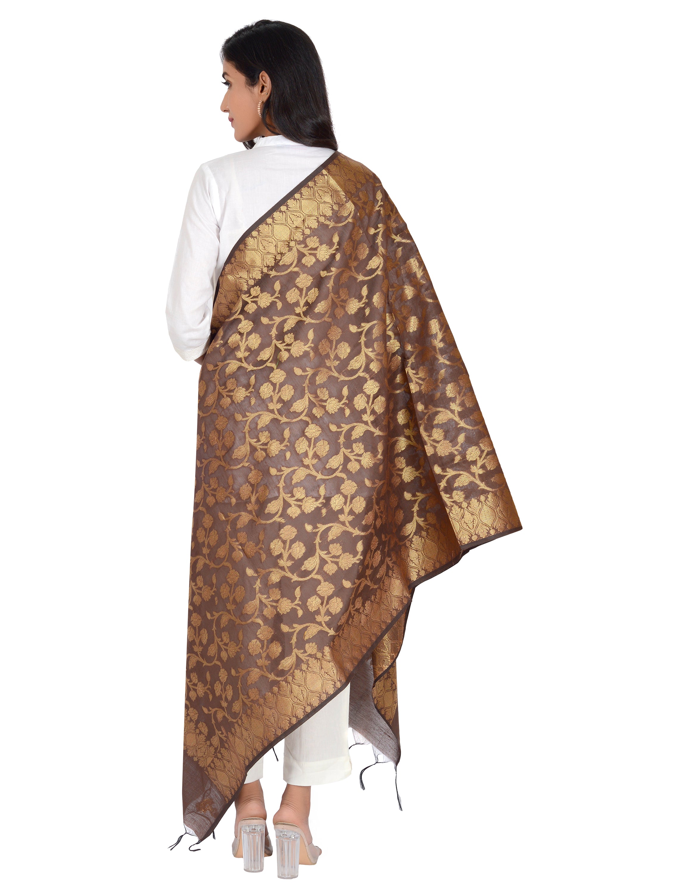 Banarasi Kora Silk Kiara Butti Dupatta- Brown