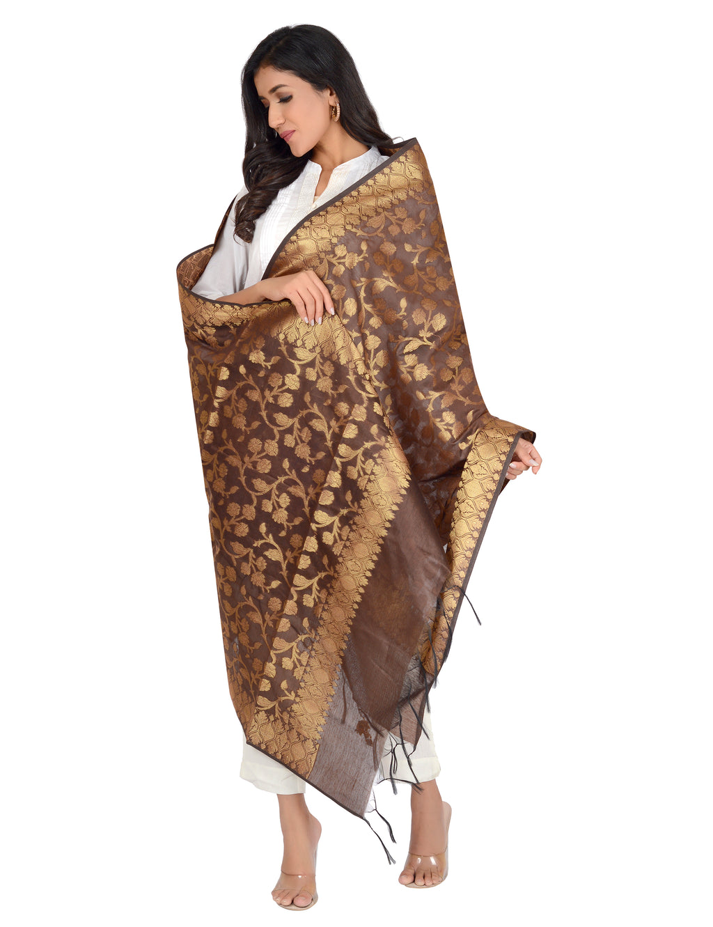 Banarasi Kora Silk Kiara Butti Dupatta- Brown