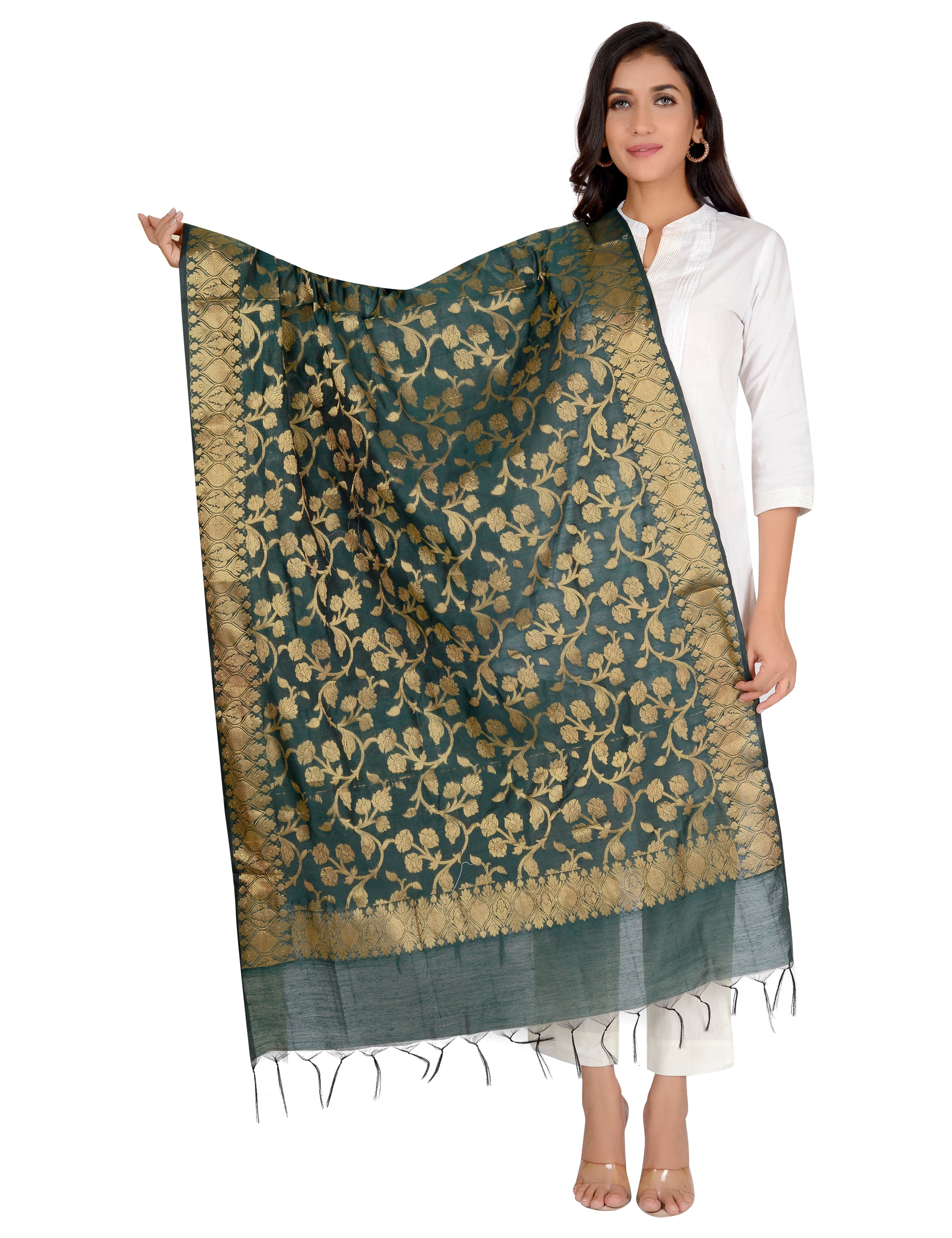Banarasi Kora Silk Kiara Butti Dupatta- Green