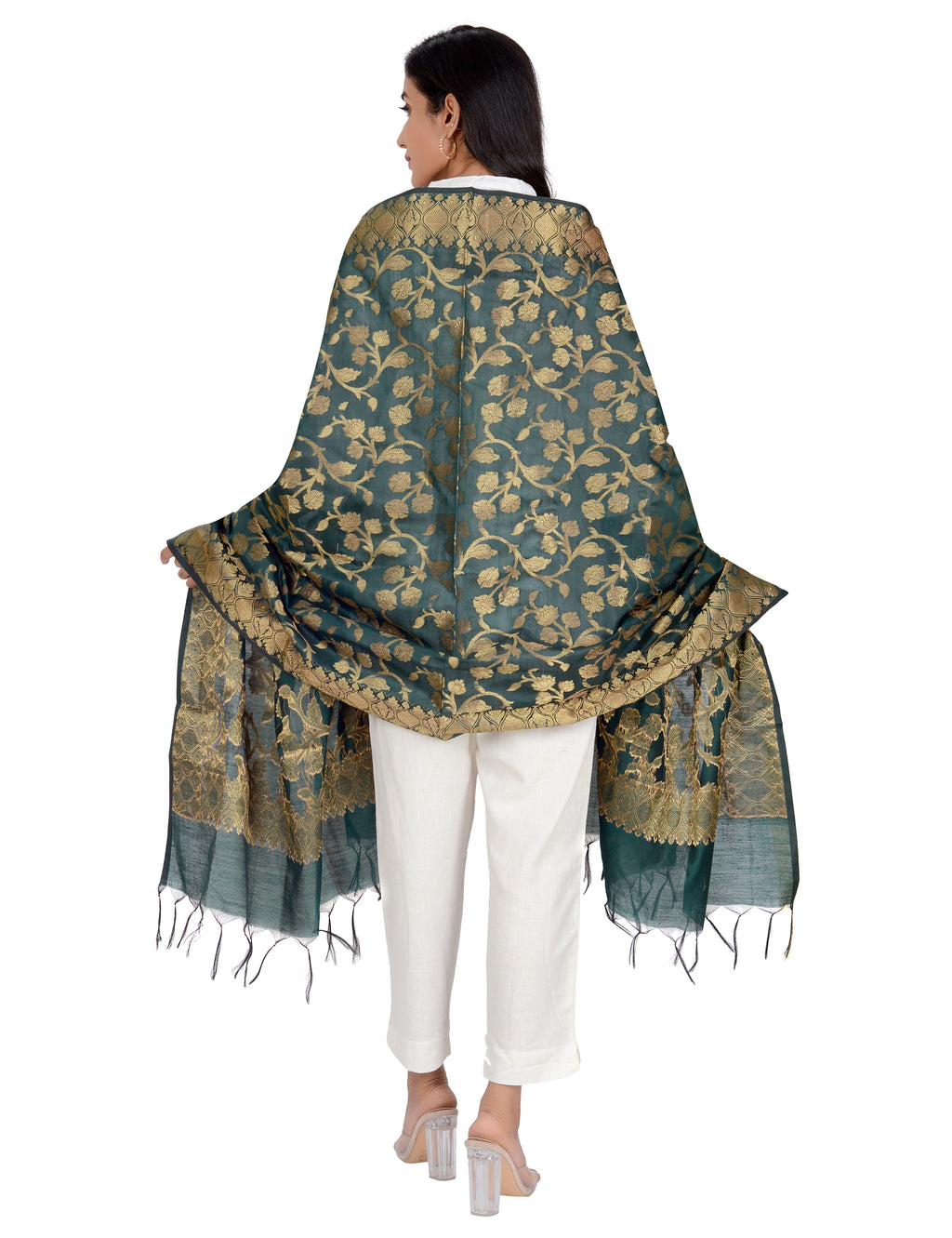 Banarasi Kora Silk Kiara Butti Dupatta- Green