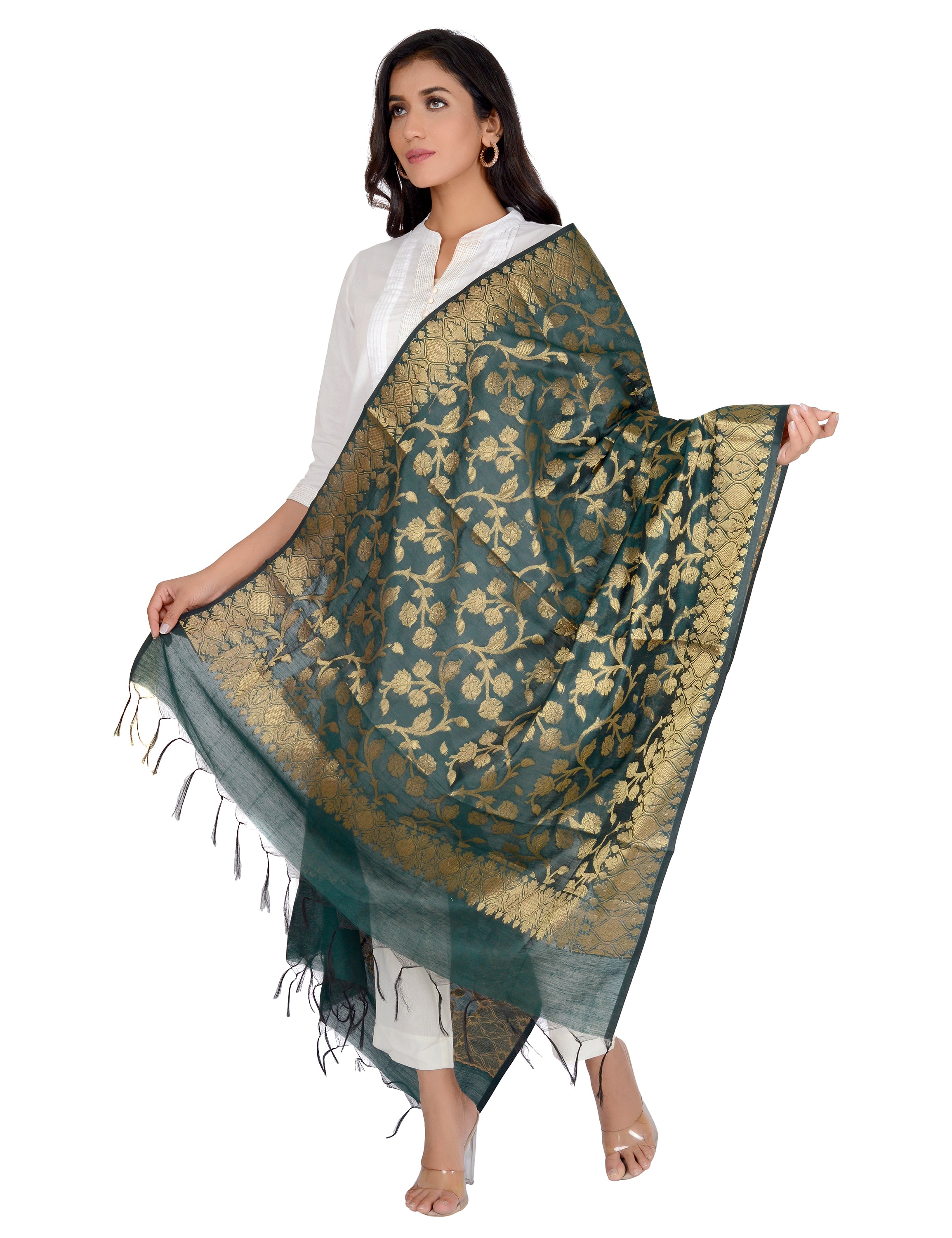 Banarasi Kora Silk Kiara Butti Dupatta- Green