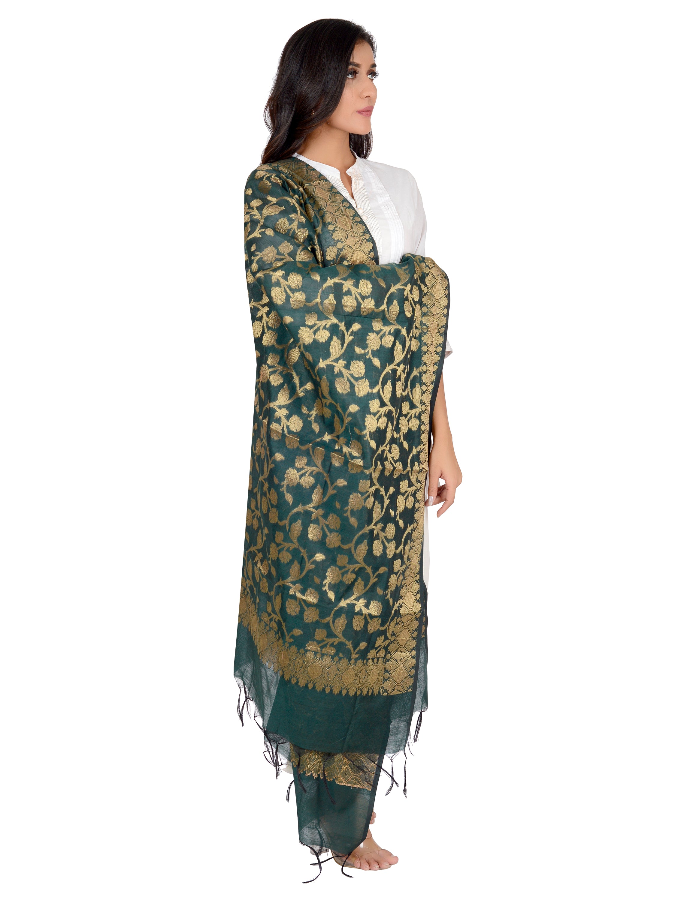 Banarasi Kora Silk Kiara Butti Dupatta- Green