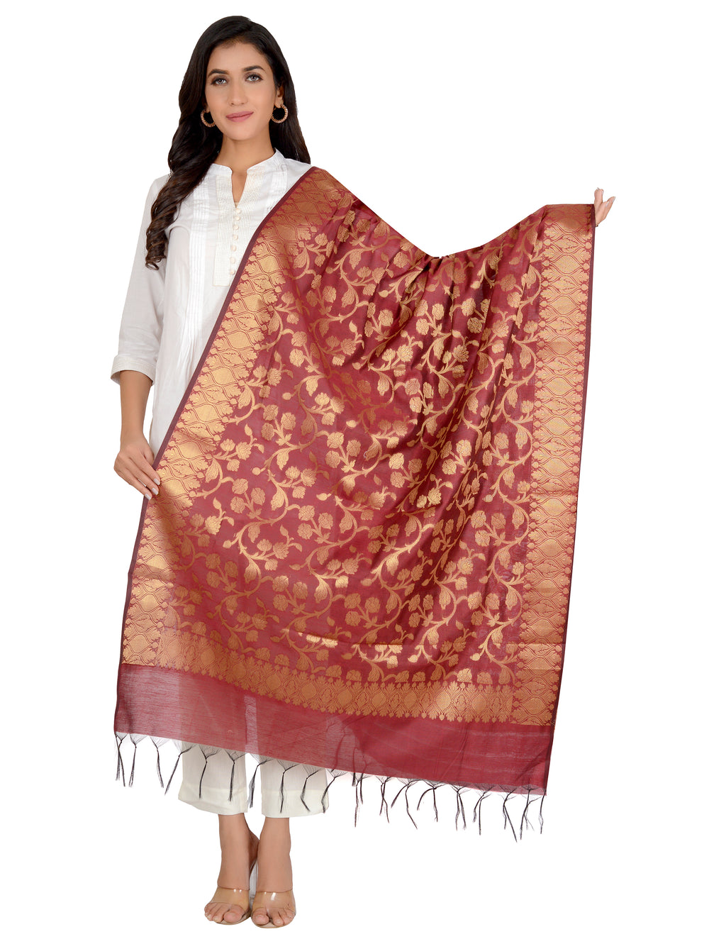 Banarasi Kora Silk Kiara Butti Dupatta- Maroon