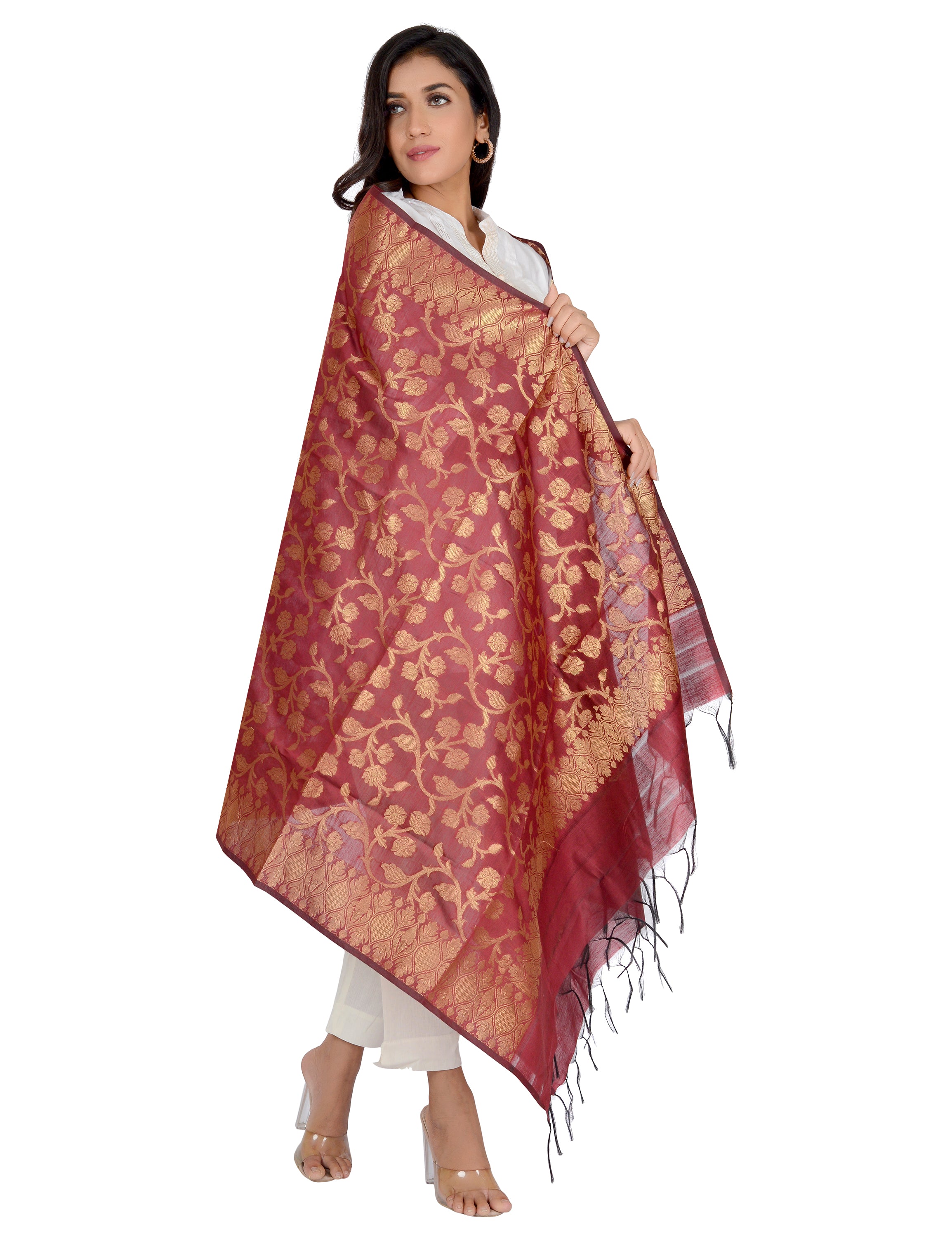 Banarasi Kora Silk Kiara Butti Dupatta- Maroon