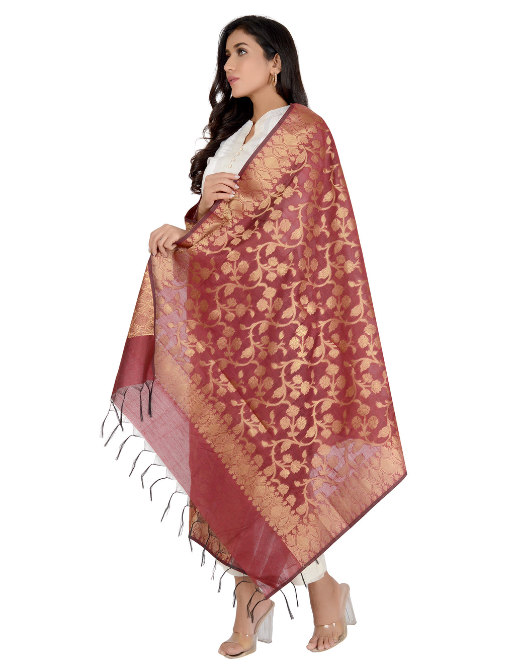 Banarasi Kora Silk Kiara Butti Dupatta- Maroon