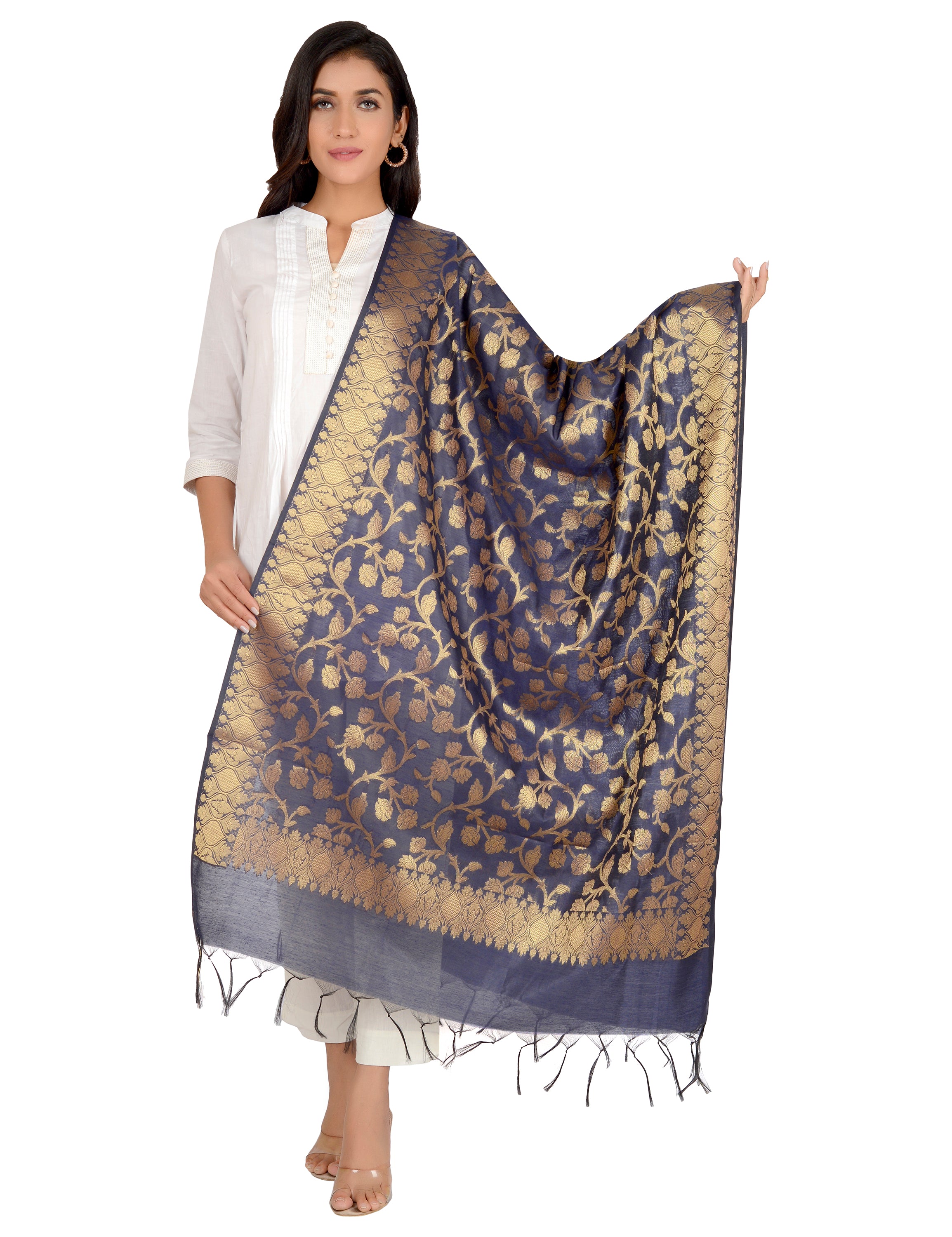 Banarasi Kora Silk Kiara Butti Dupatta- Navy Blue